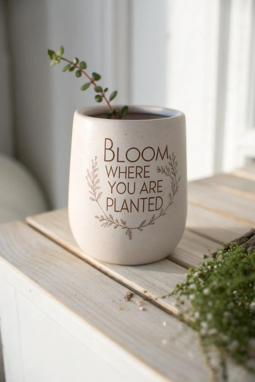 Embrace simplicity and inspiration with this beautifully crafted pot, reminding you to 'Bloom where you are planted.'