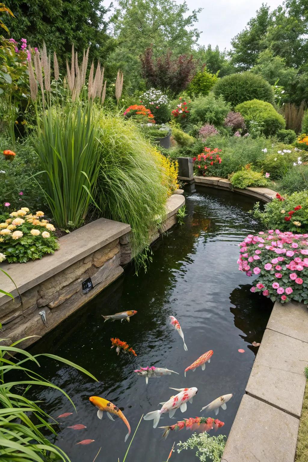 A unified combination of an elevated koi pond with a lively garden.