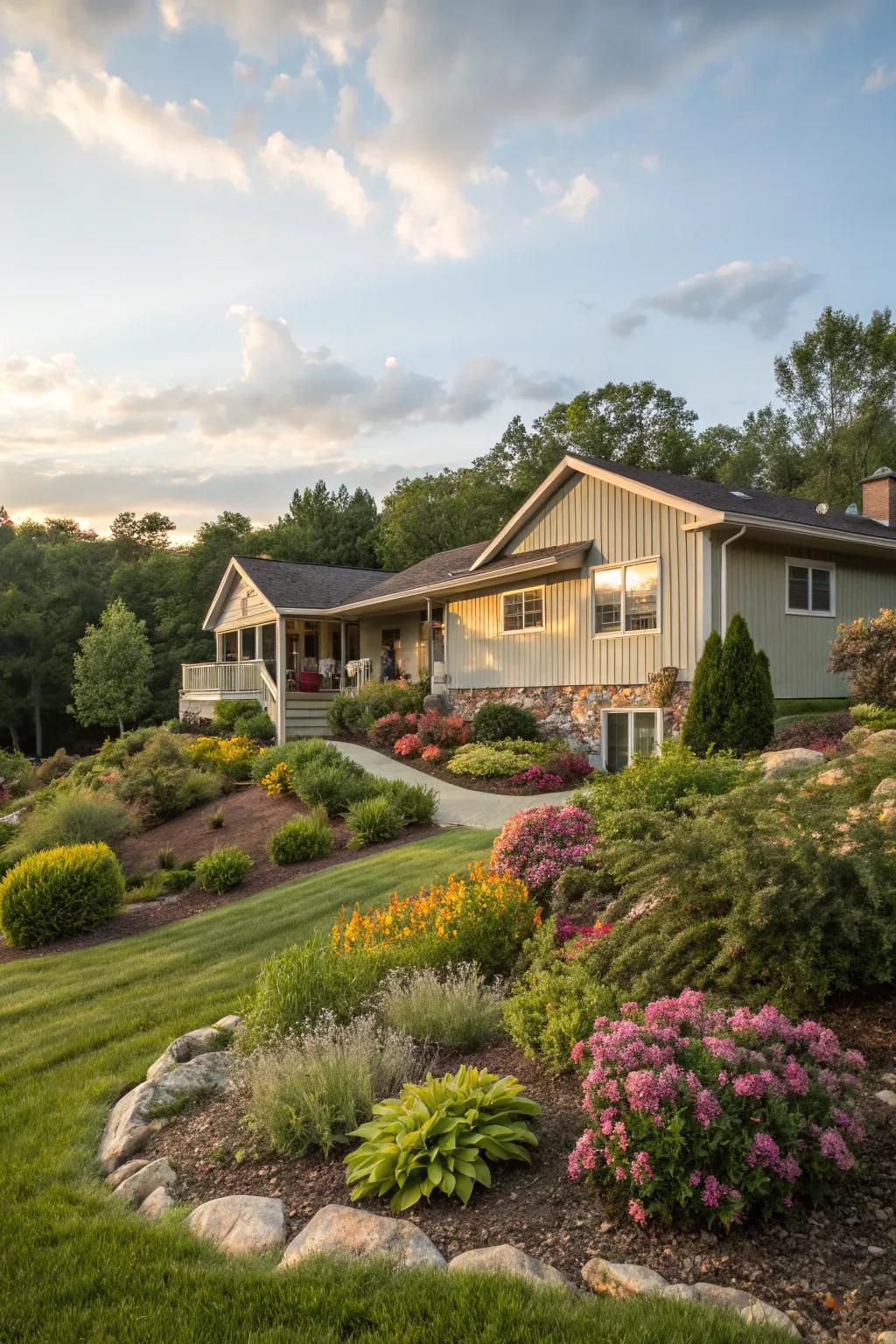 Beautifully layered landscaping around a raised ranch, creating a lush outdoor space.