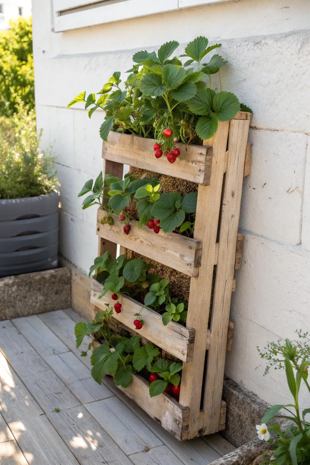Elevate your garden game with a chic vertical pallet planter for strawberries!
