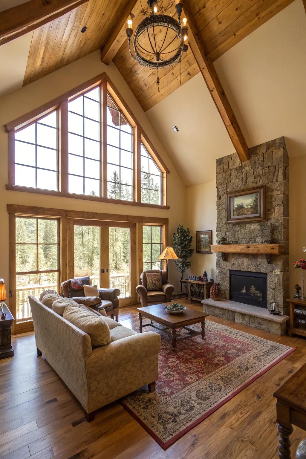A vaulted ceiling transforms this ranch house living room into a spacious retreat.