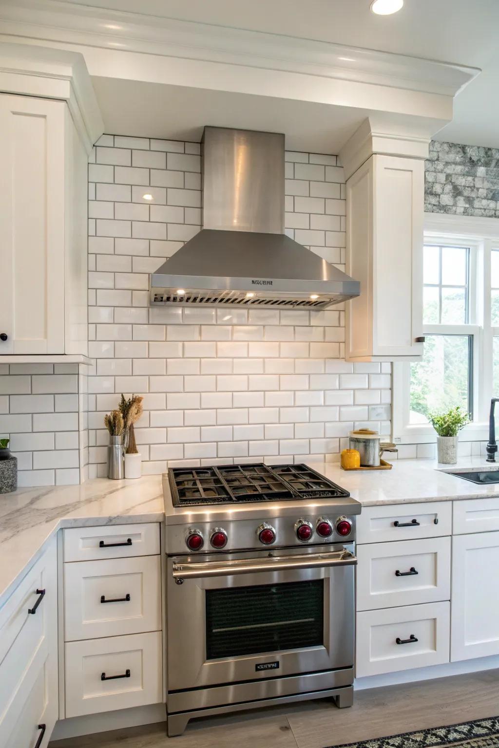 A kitchen displaying a brick tile splash guard smoothly integrated with a modern vent hood.