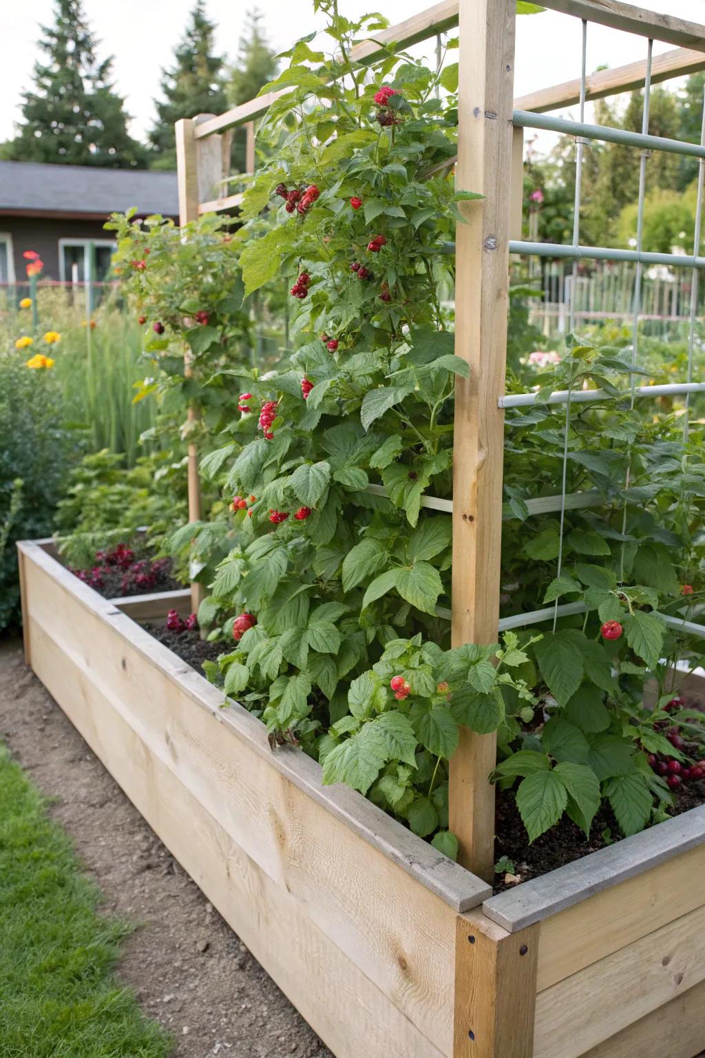 A raised bed with an integrated trellis offers both convenience and a stylish look.