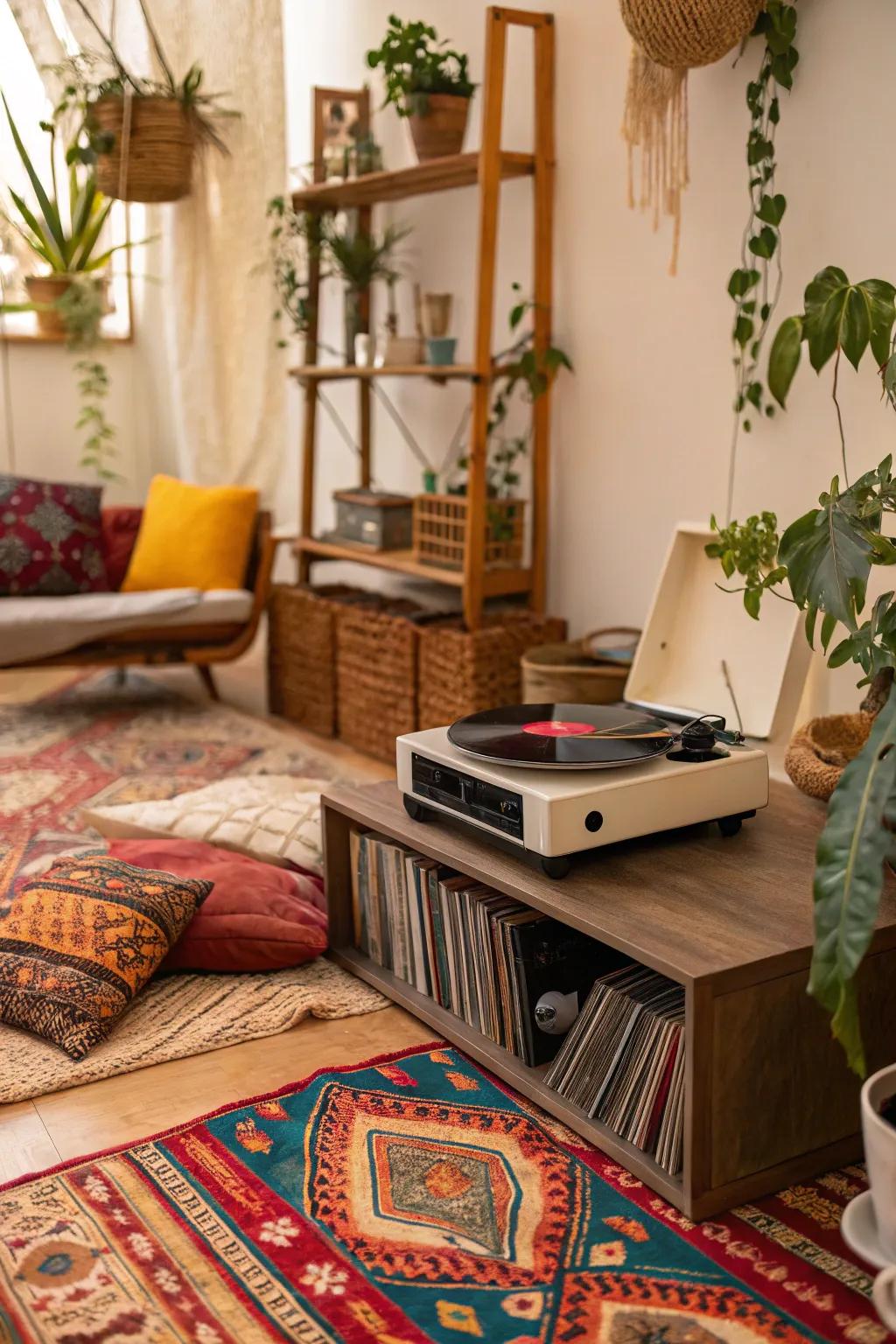 Bohemian record player setup with vibrant textiles and plants.