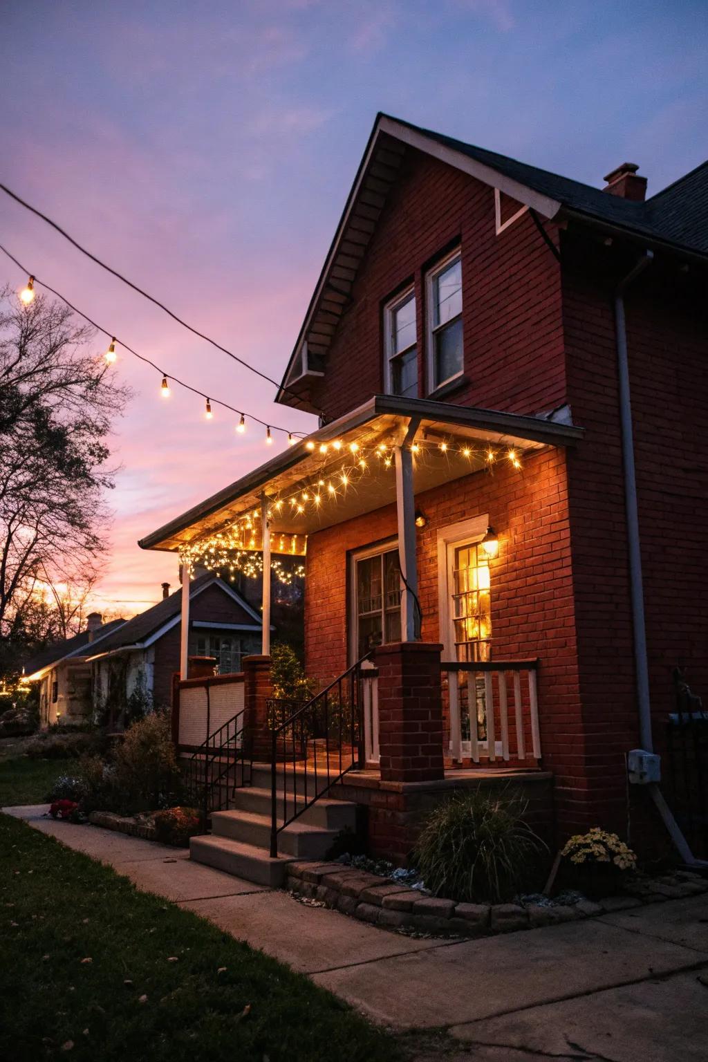 Twinkling string lights create a magical ambiance on a red brick porch.
