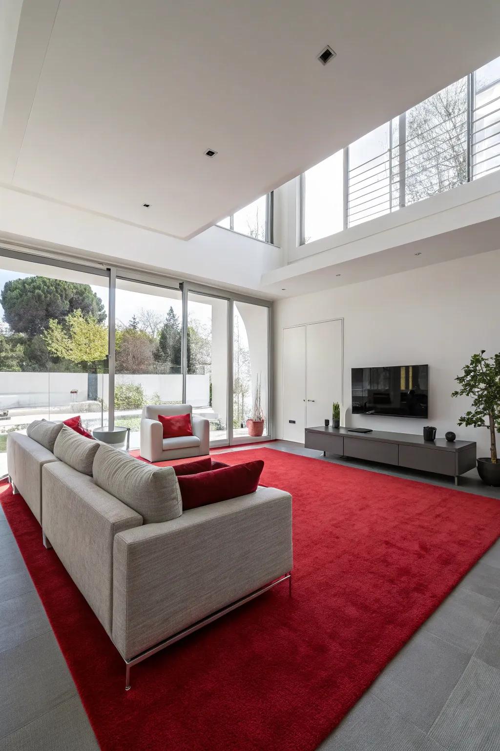 A modern minimalist lounge offering a glossy scarlet carpet.