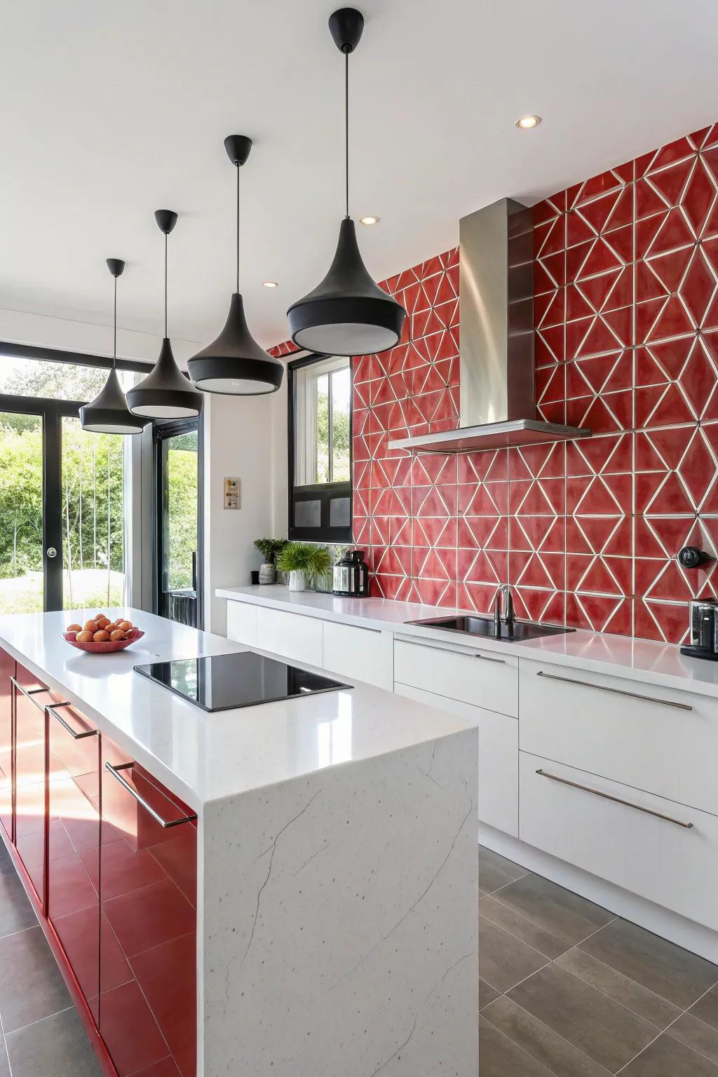 A bold geometric red tile feature wall in a modern kitchen setting.