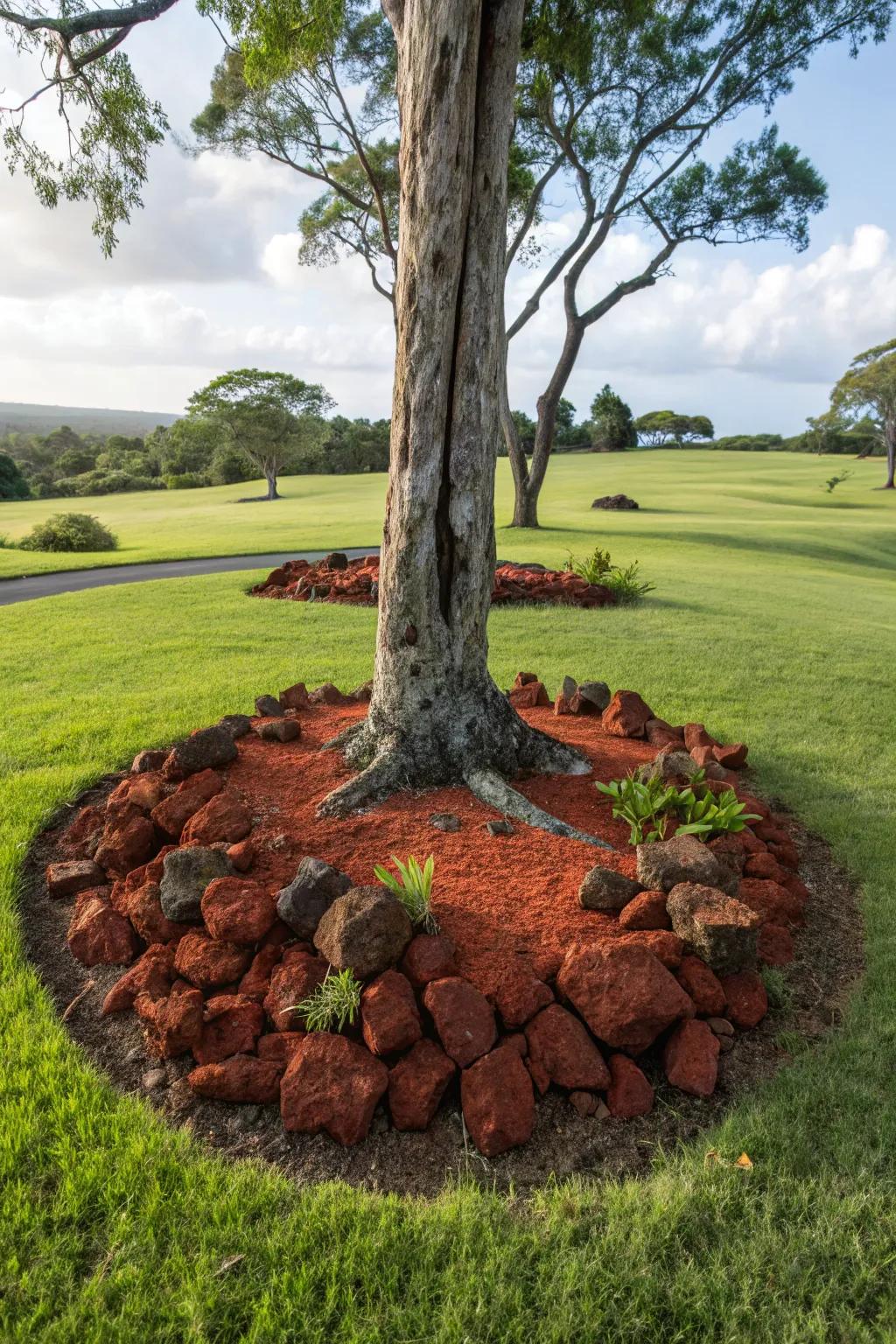 Red lava rocks around a tree base create a neat and visually appealing look.