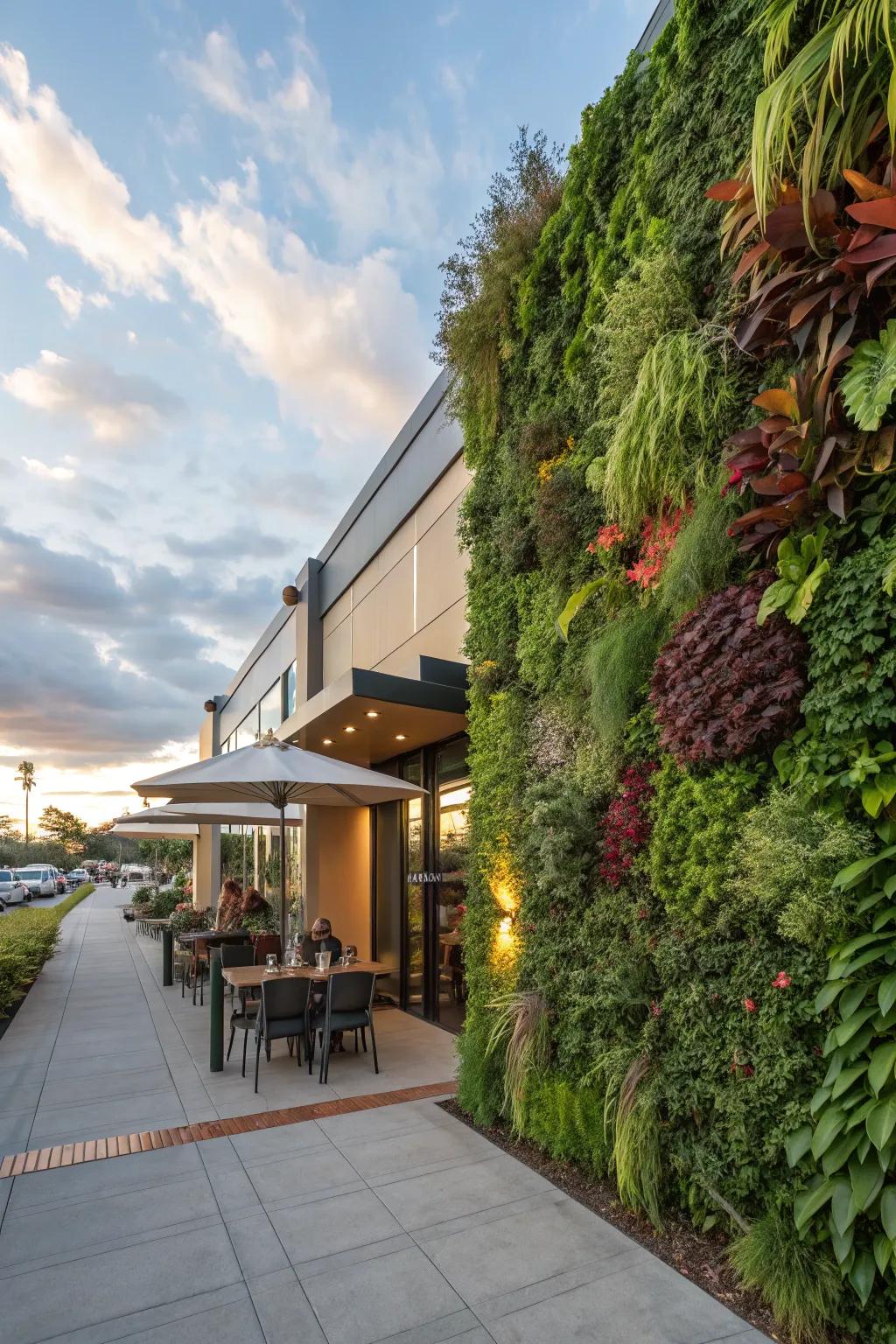 A restaurant patio enhanced by a lush vertical garden wall, adding a burst of greenery.