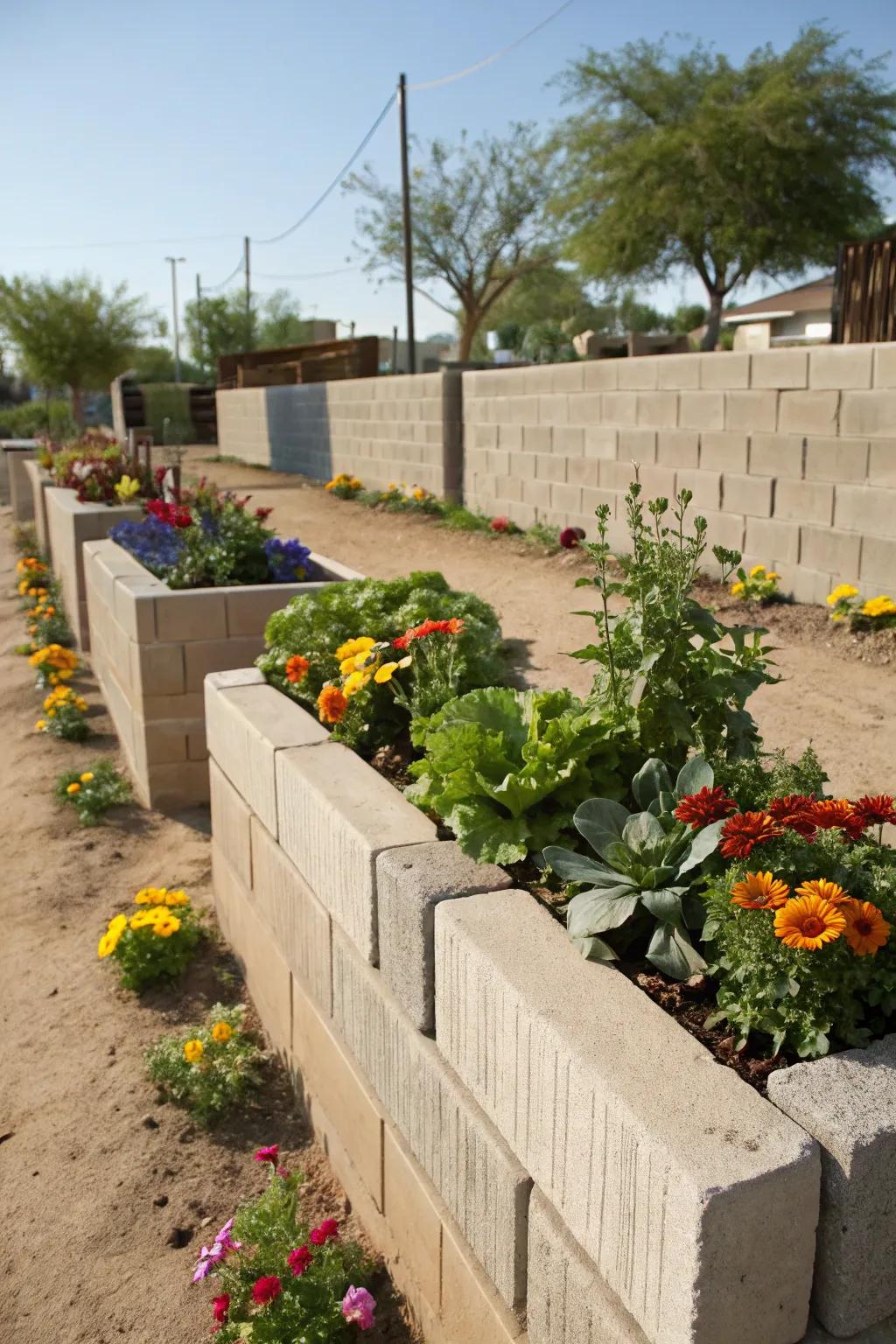 Elevated beds made from support stones, bursting with vibrant flowers and vegetables.