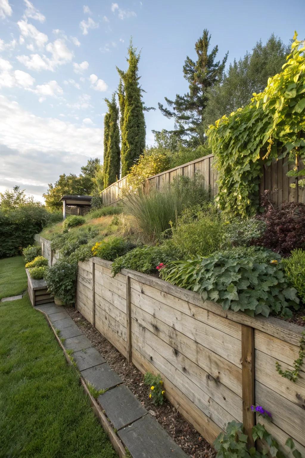 Wood retaining walls emanate warmth and natural charm.
