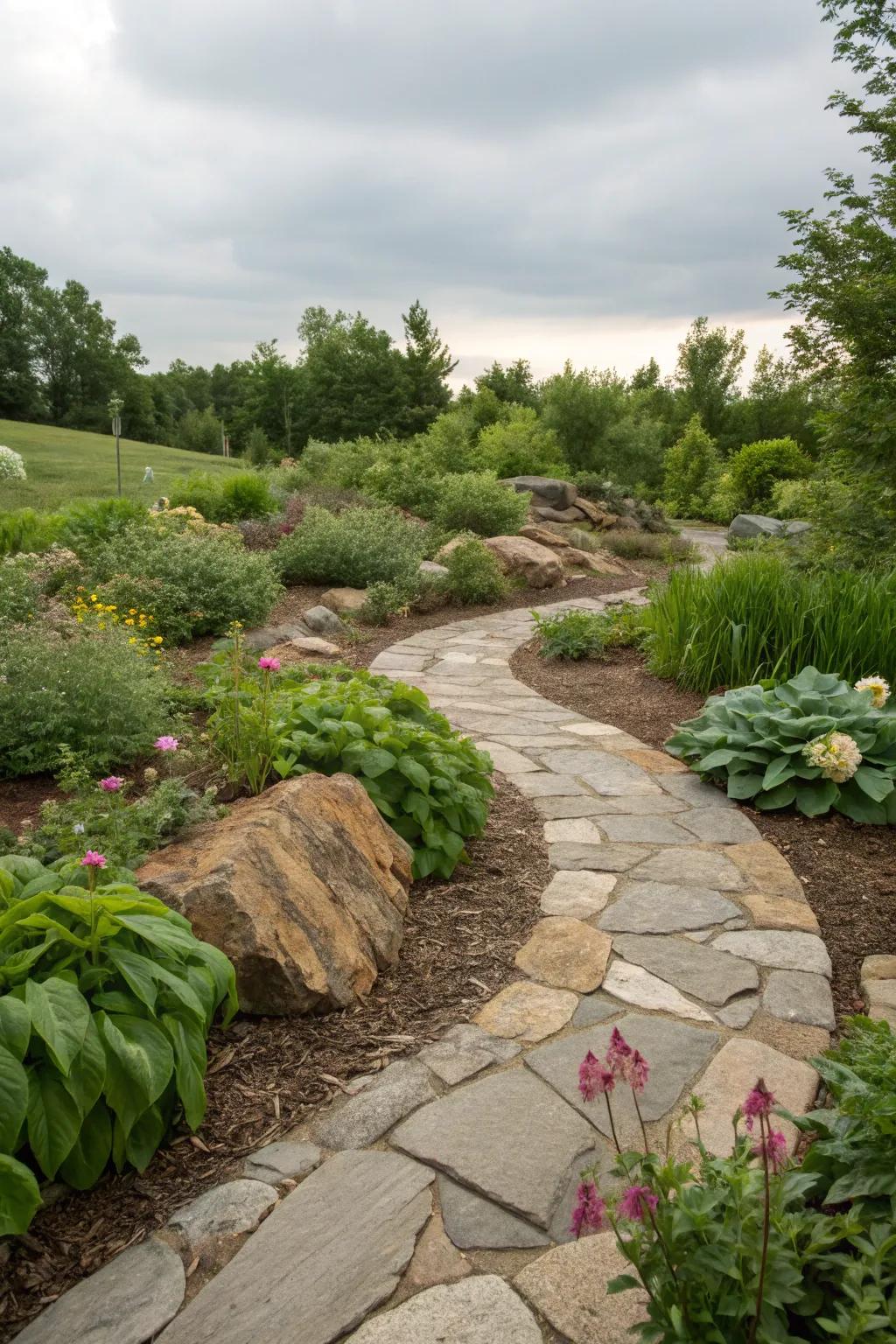 Curved pathways add a whimsical touch to the landscape.