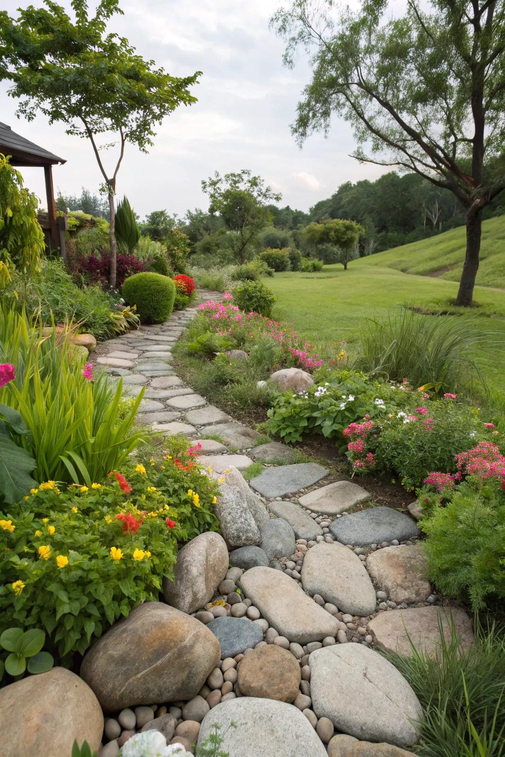 A captivating garden pathway enhanced by stone borders, guiding guests through a lively landscape.