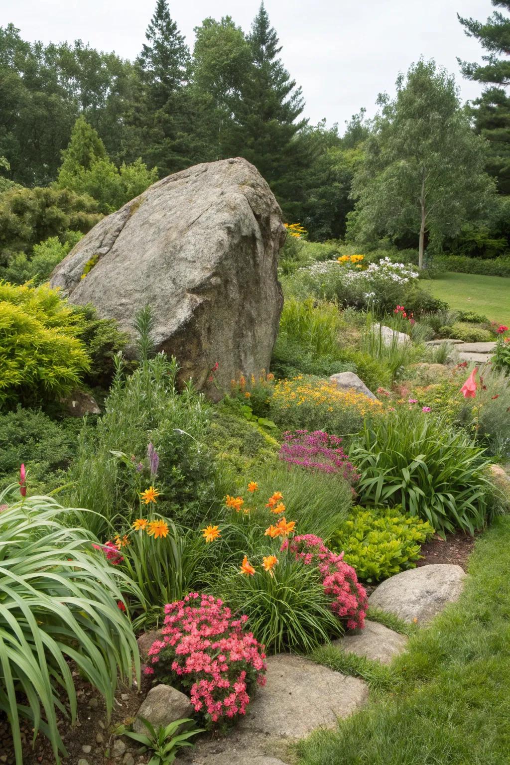 A statement stone serves as an artistic showpiece in the landscape.