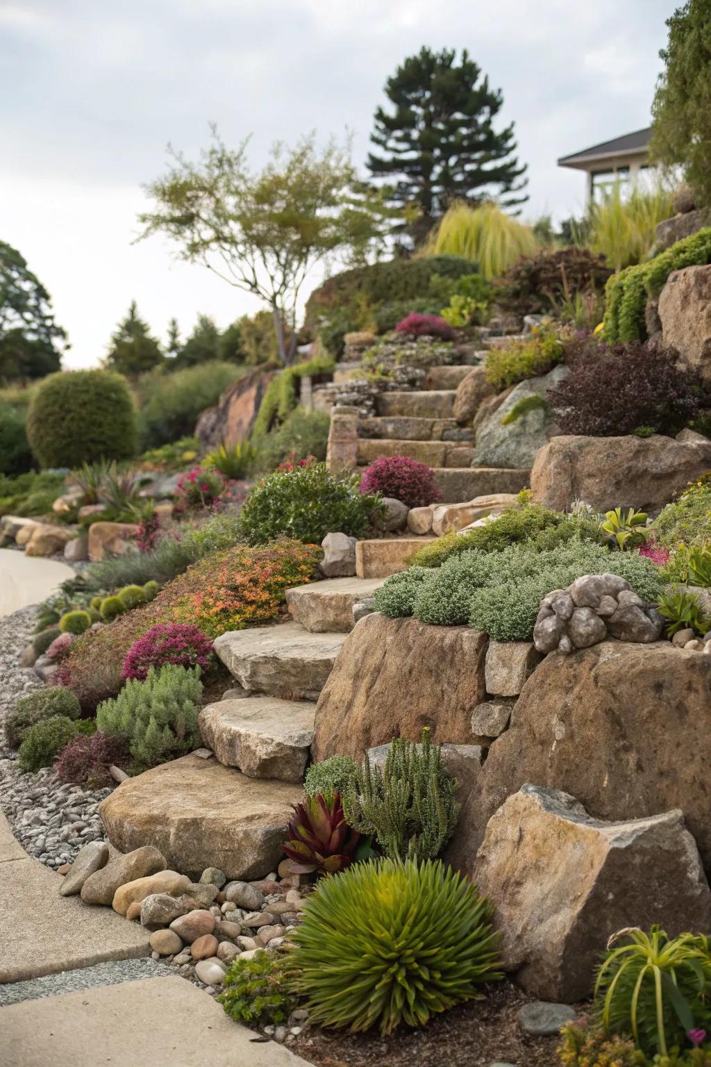 A multi-tiered stone garden presenting a variety of flora and textures.