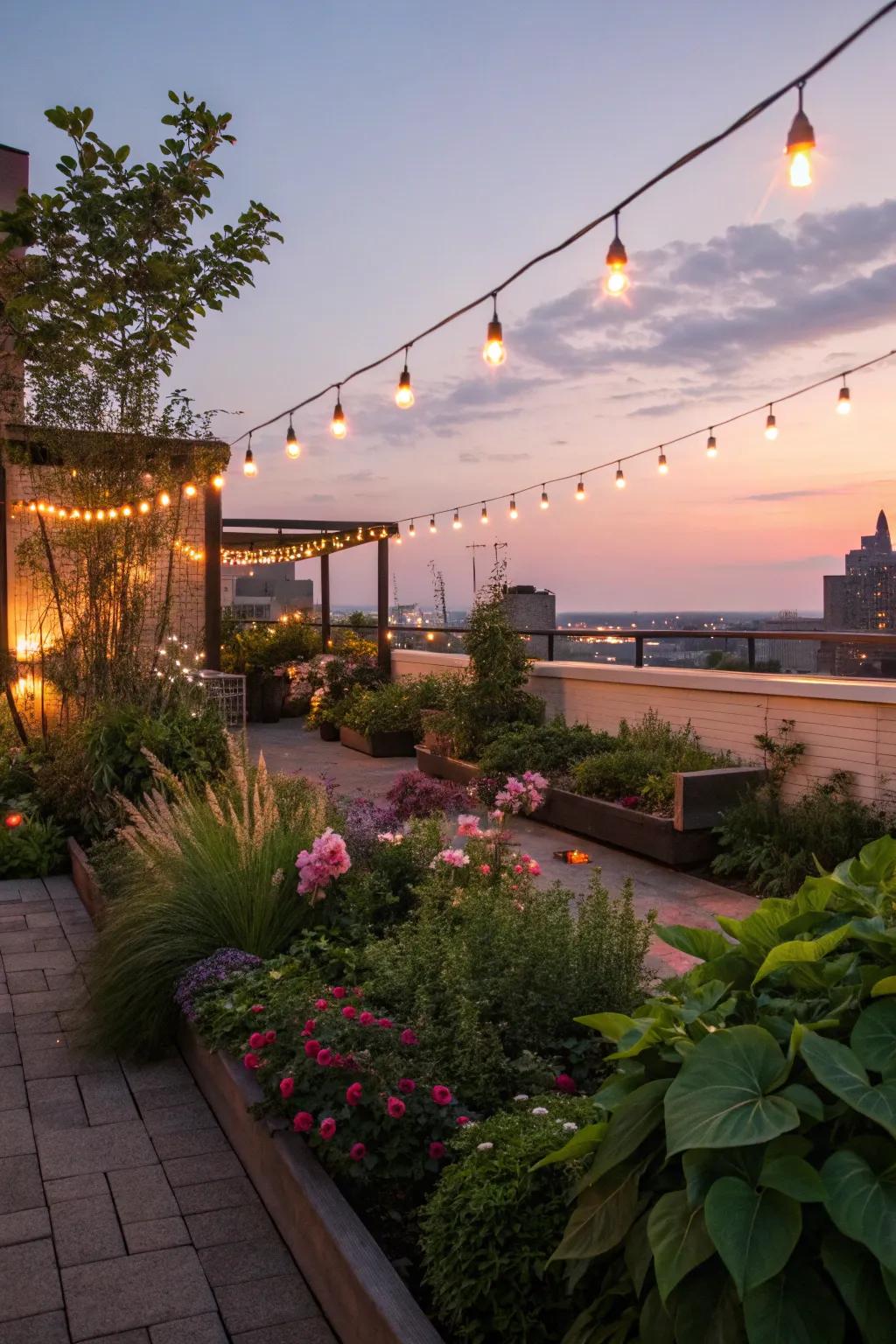 Ambient lighting transforms the rooftop into a magical nighttime escape.