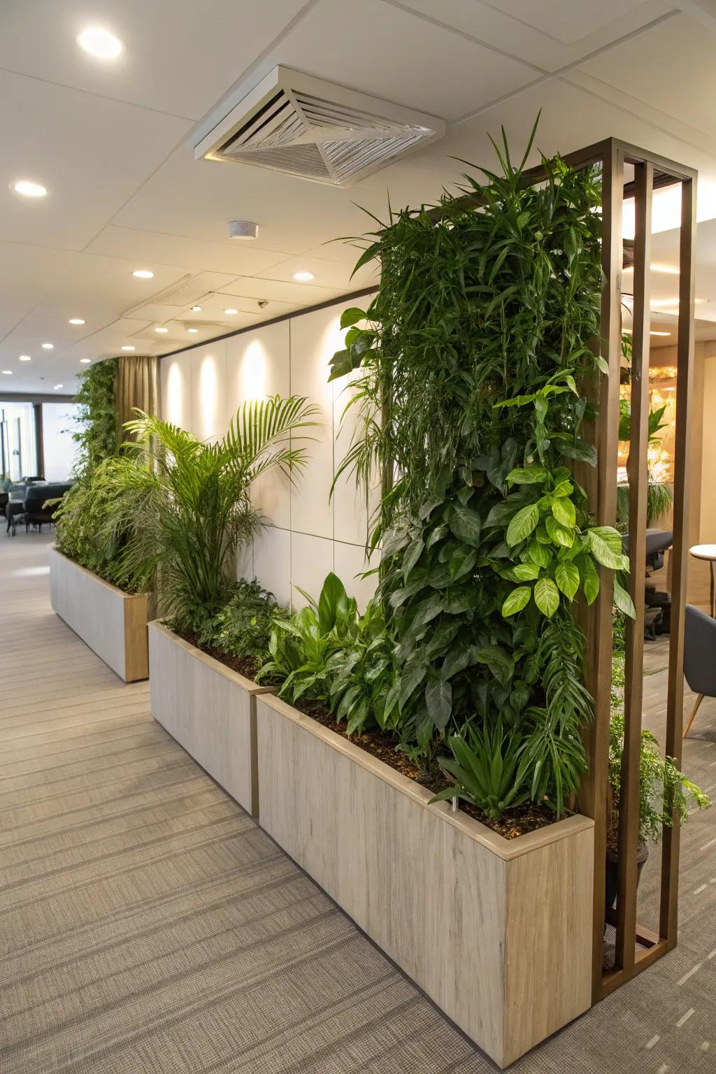 An area divider half wall with integrated planters, including a touch of nature indoors.