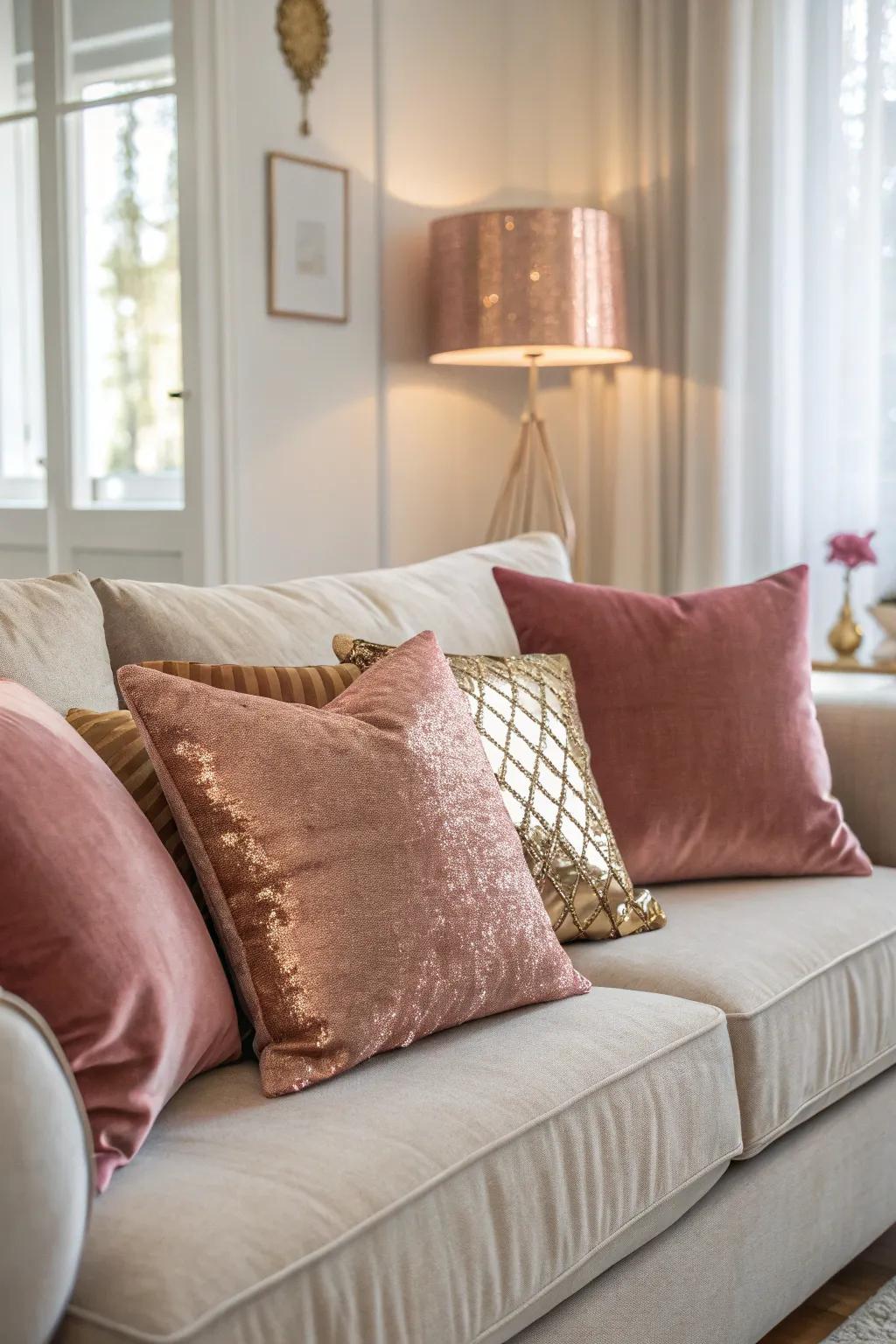 Velvet pillows in rose gold deliver opulence and relaxation to the area.