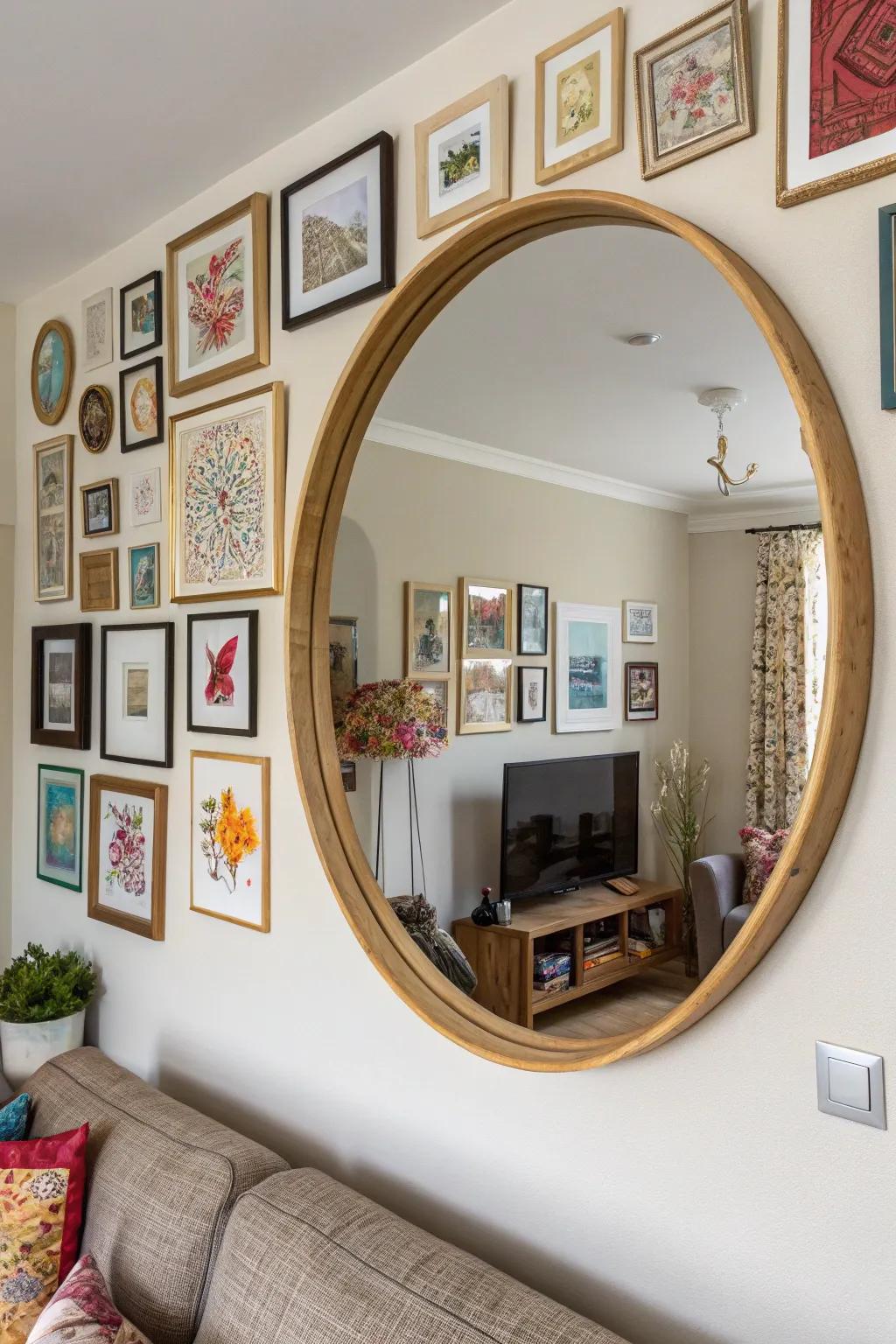 A layered arrangement featuring a circular mirror amidst other artworks.