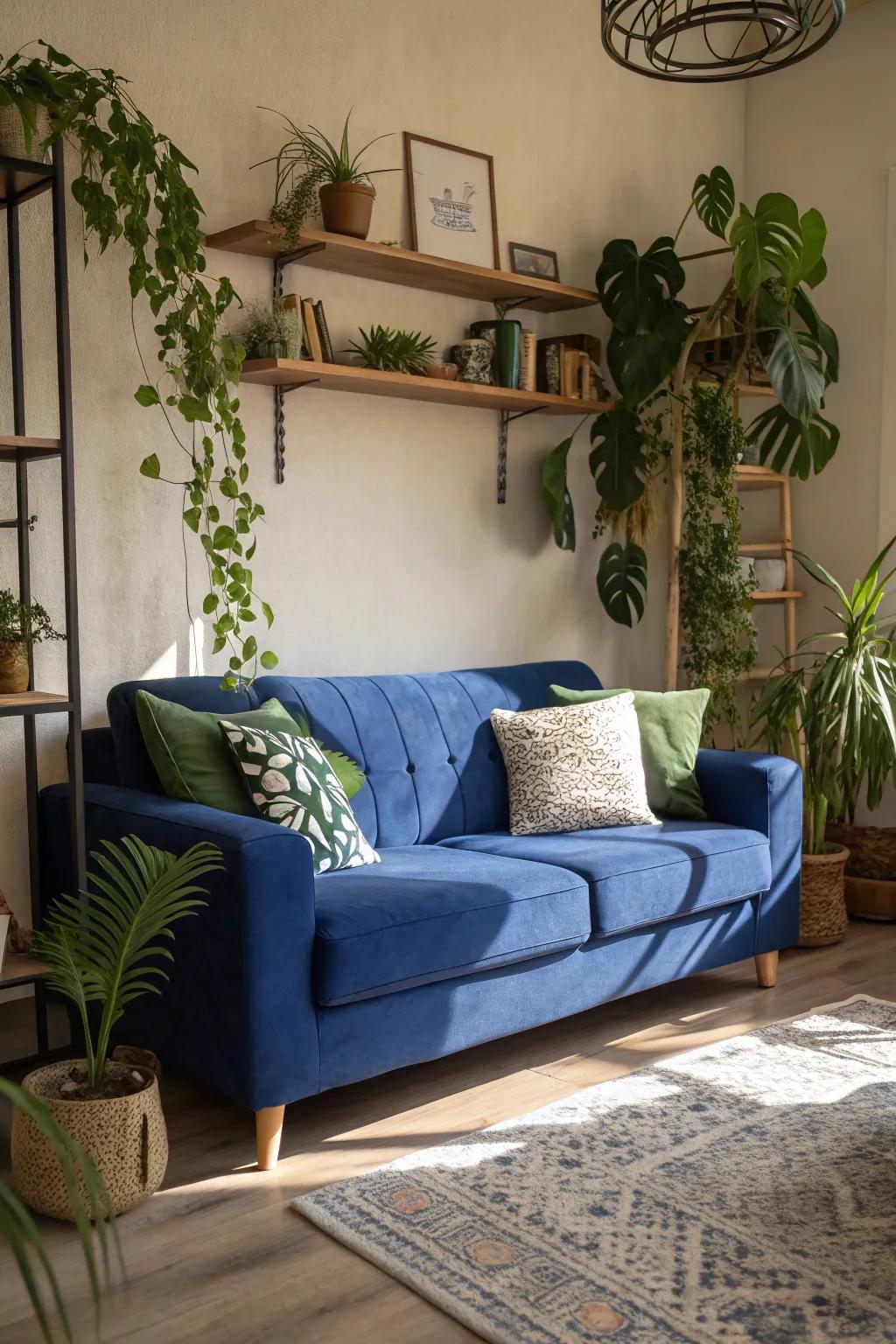 Abundant green flora delivers a vibrant and animated contrast to the cobalt settee.