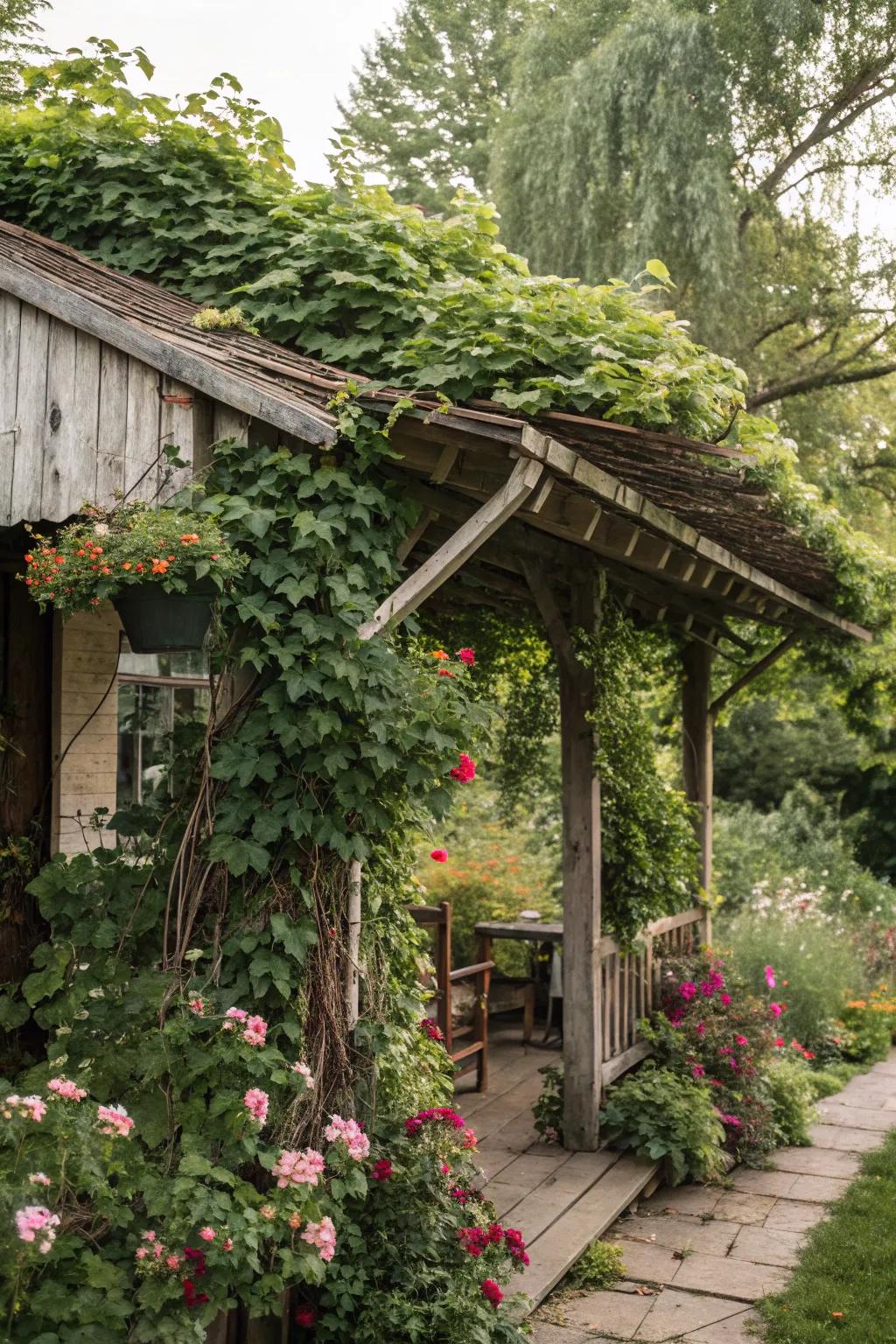 Integrate greenery for a naturally rustic awning.