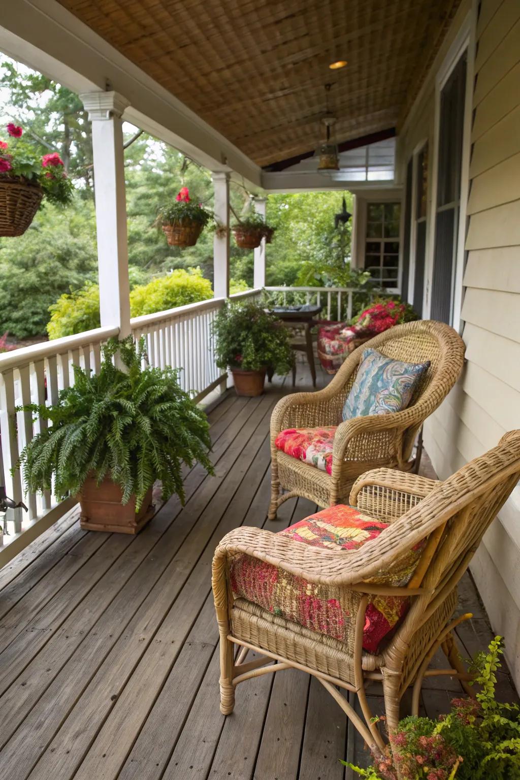 Relax in style with comfortable seating on your rustic porch.