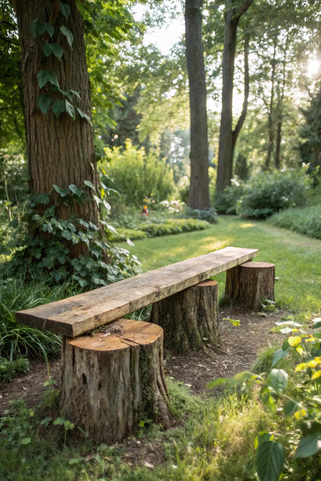 A resourceful application of tree bases as the foundation for a rustic garden bench.