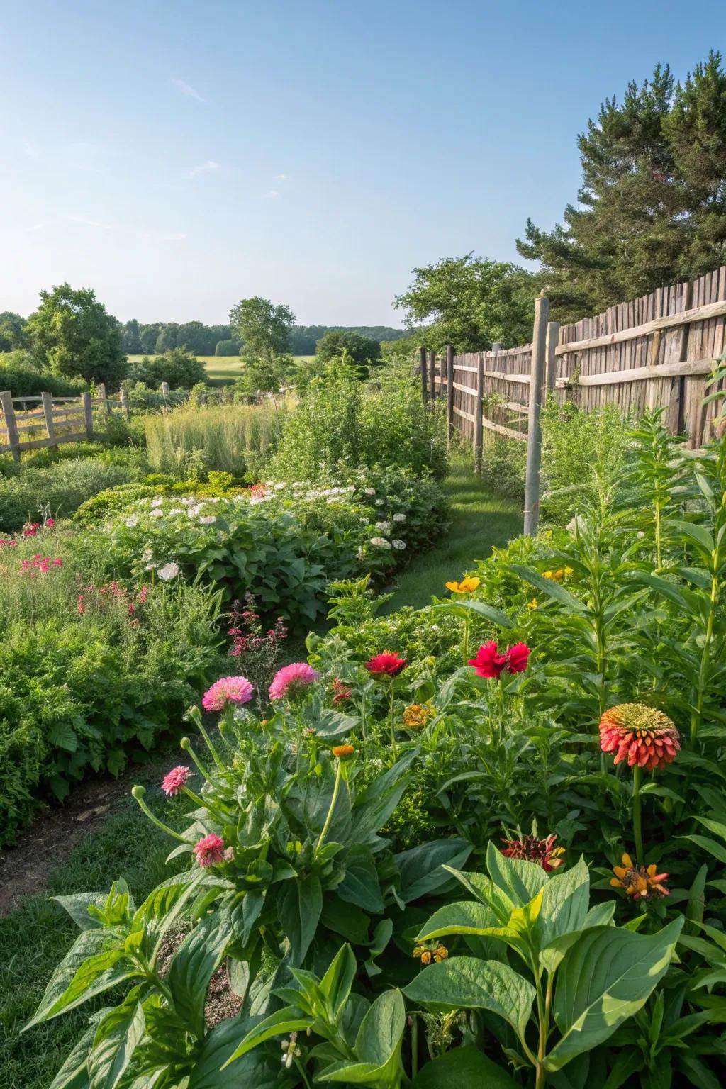 A vibrant garden bursting with greenery and flowers.