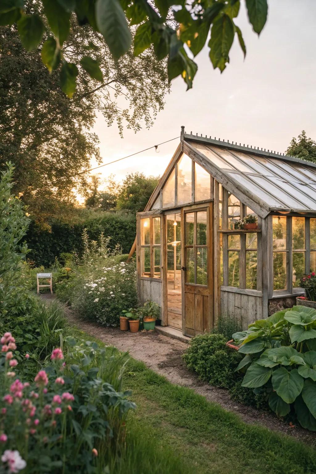 An elegant timber glasshouse nestled in a countryside garden.