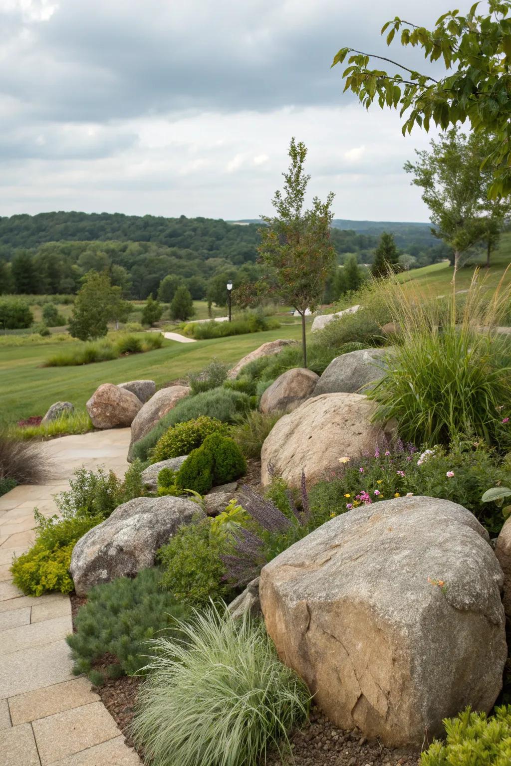 Boulders creating natural focal points in a garden.