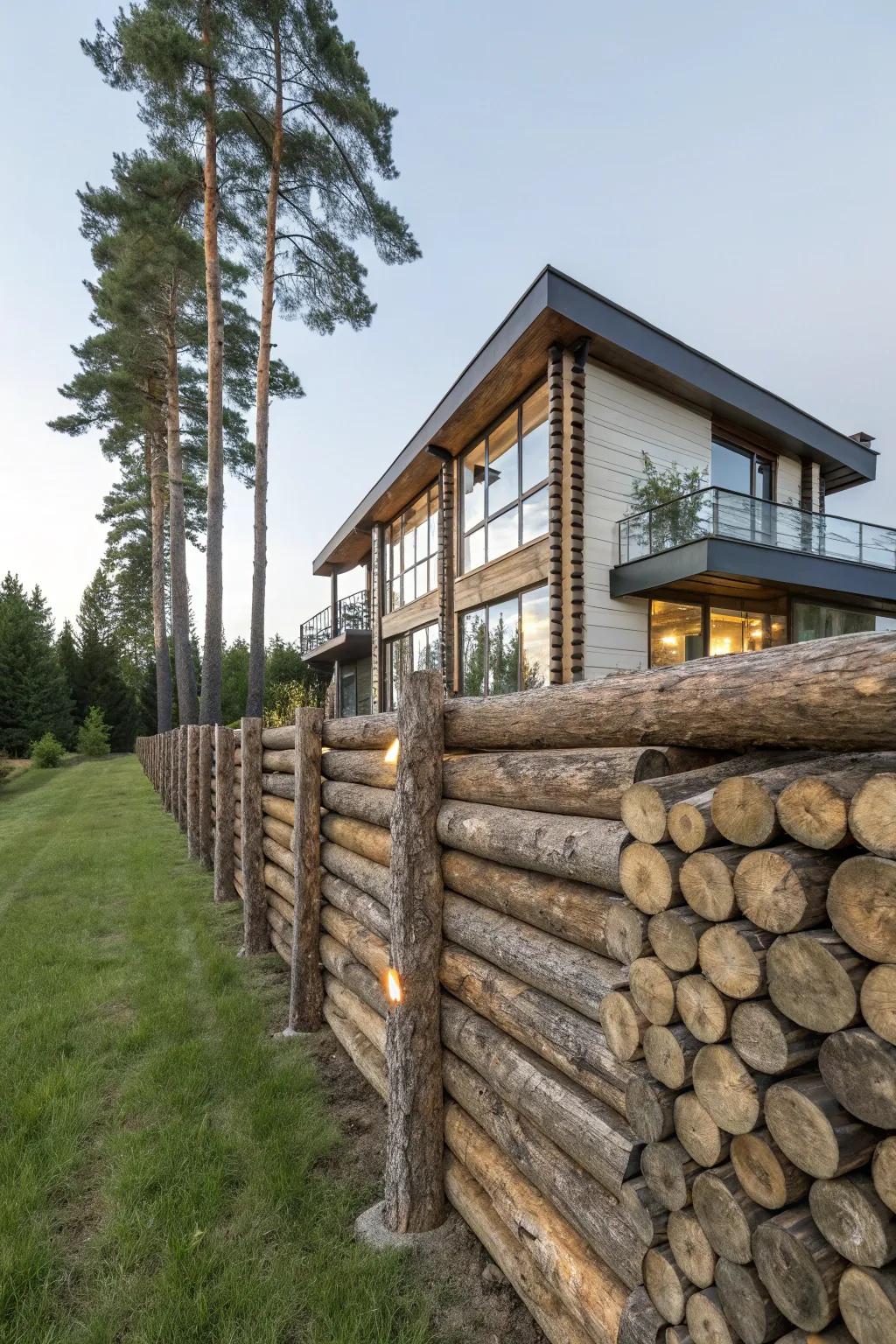Vertical logs fashion a daring and modern rustic fence, ideally complementing today's architectural styles.