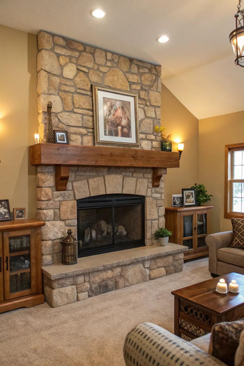 A stone fireplace adds warmth and a welcoming vibe to any rustic mountain home.