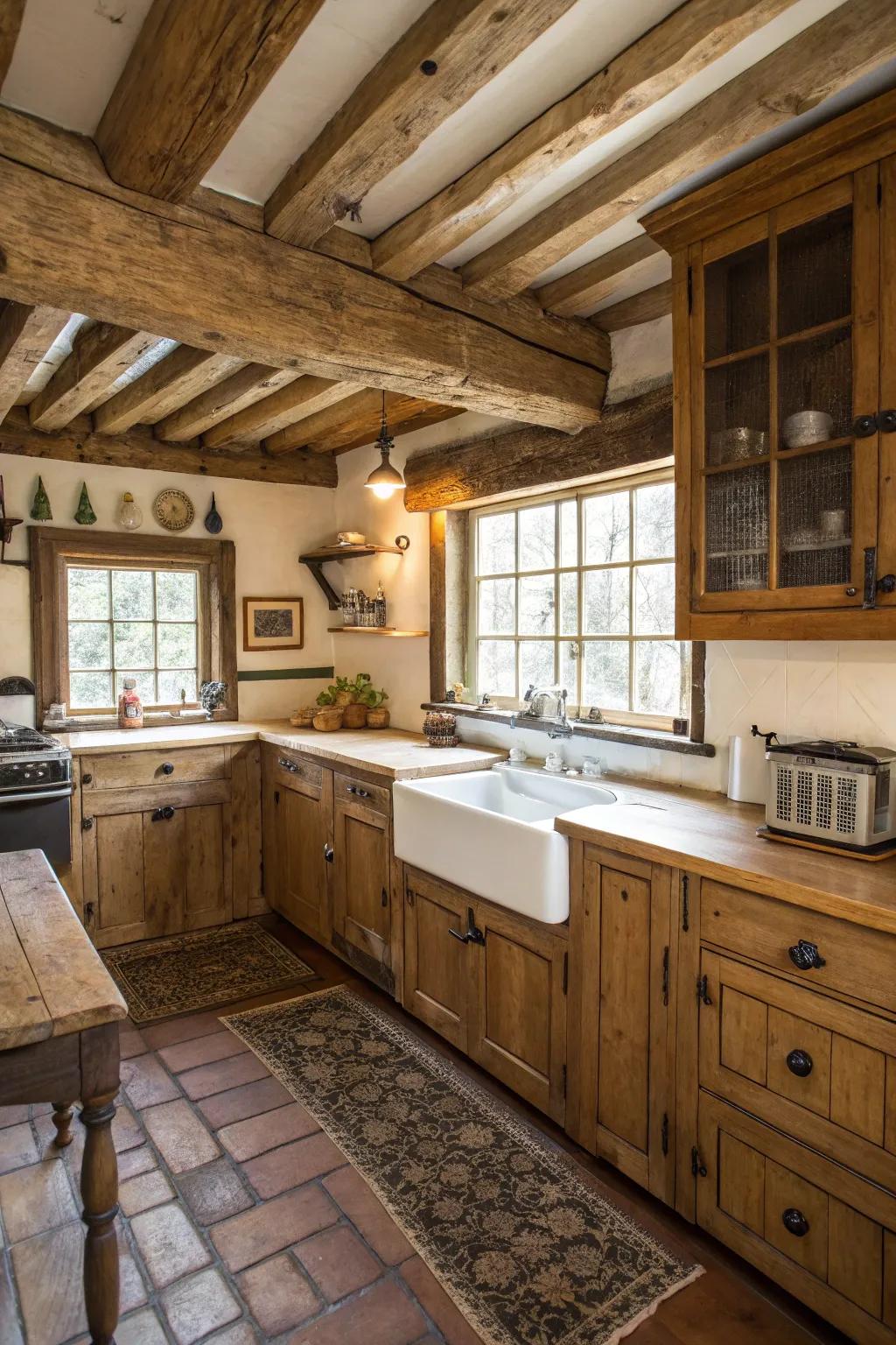 Exposed timber beams add character to this rustic kitchen.
