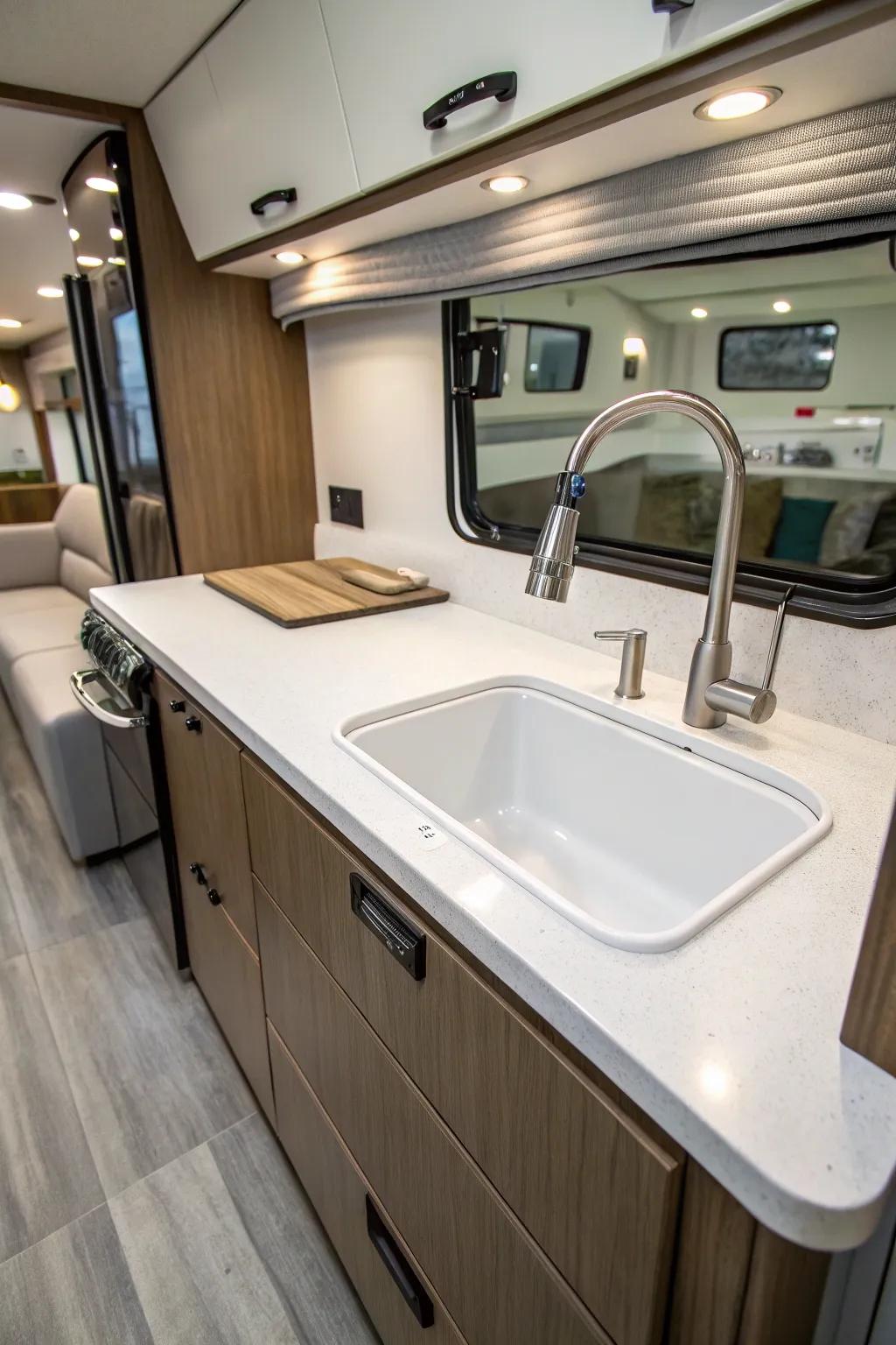 A unified sink and countertop enhance the seamless look.