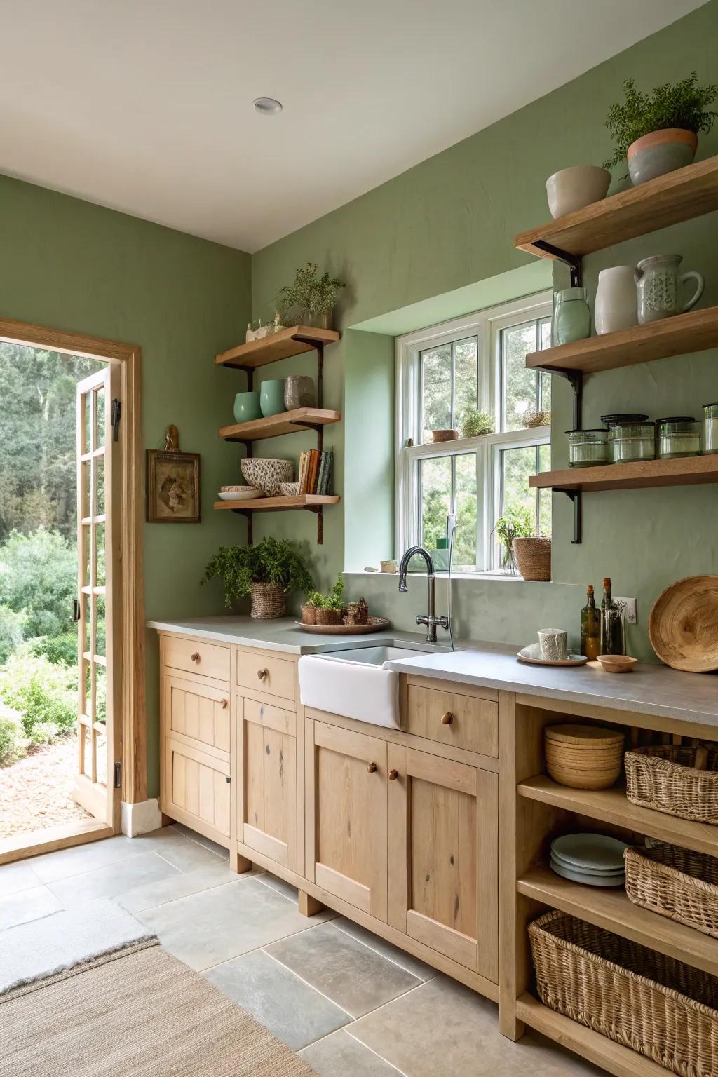 Exposed shelves on sage green walls for a breezy kitchen style.