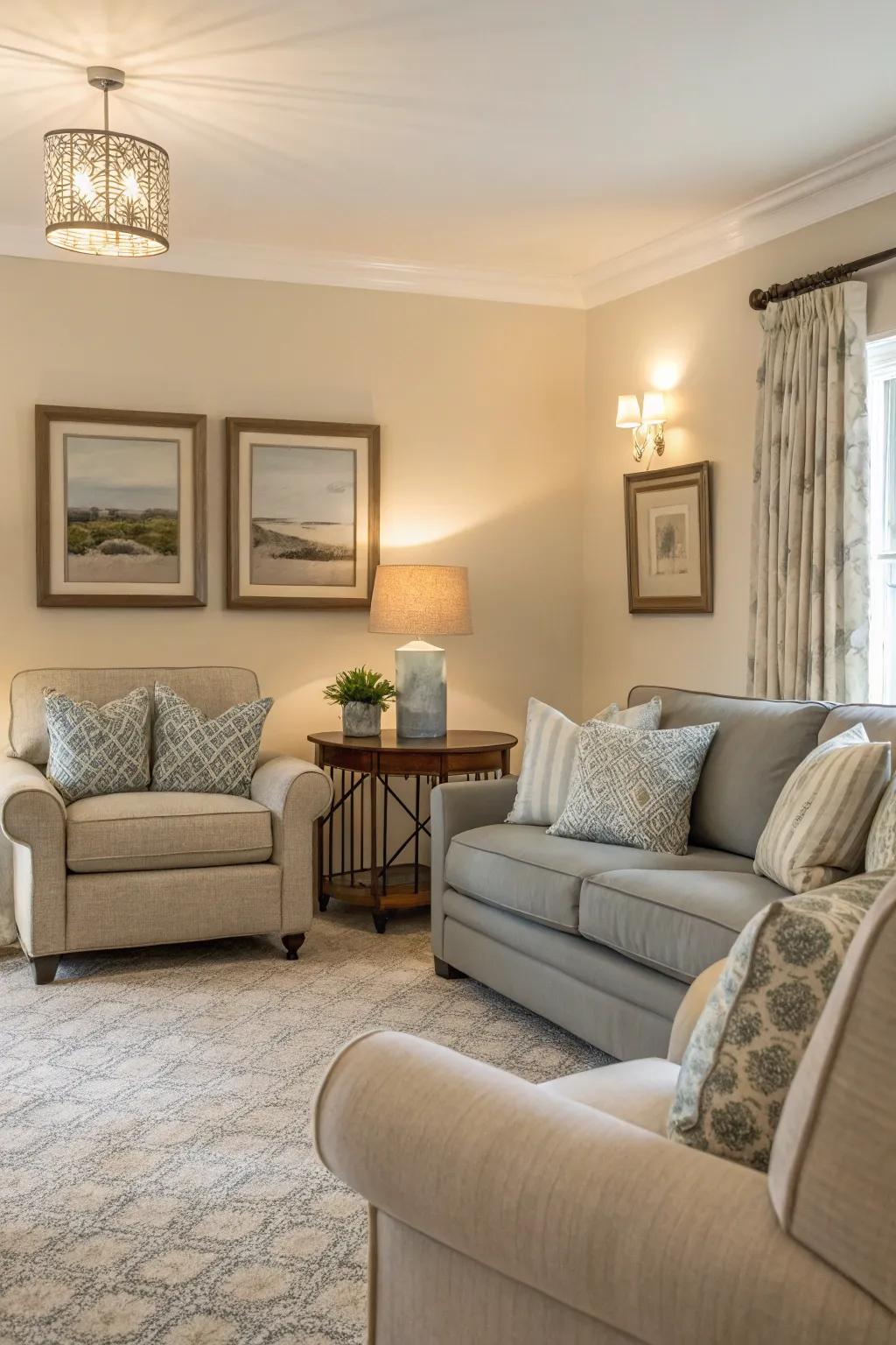 Neutral shades introduce serenity to your auxiliary lounge.