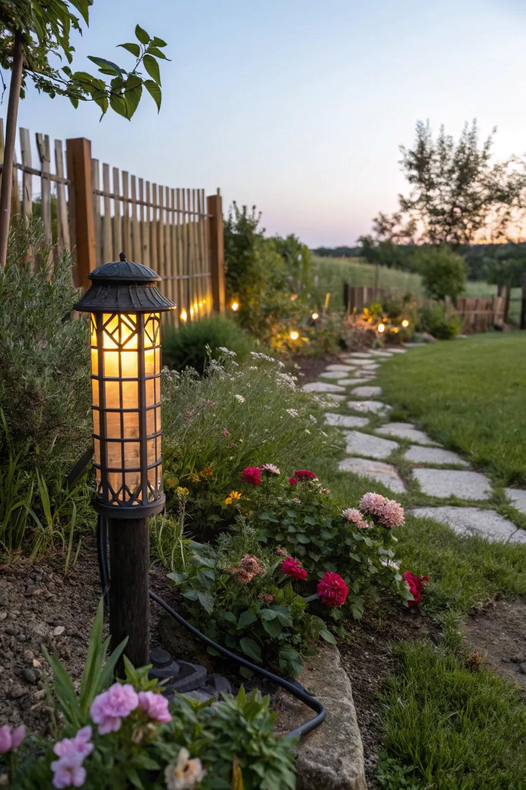 A garden lantern can transform a septic pipe into a nighttime focal point.
