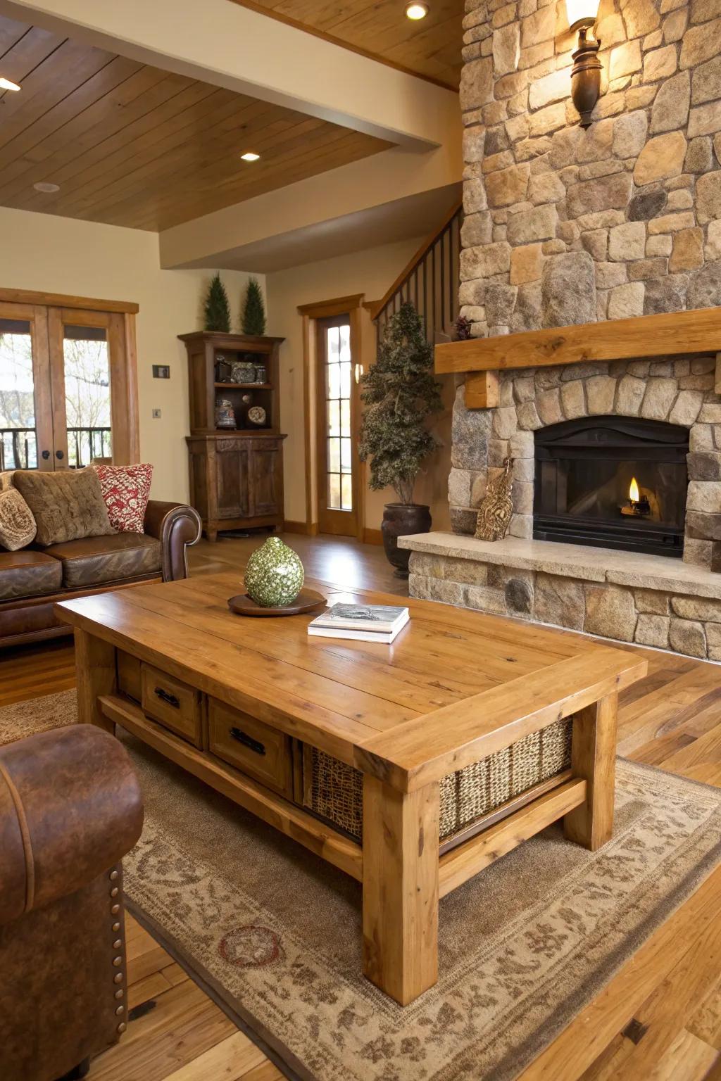 Natural wood and stone bring warmth and rustic charm to the space.