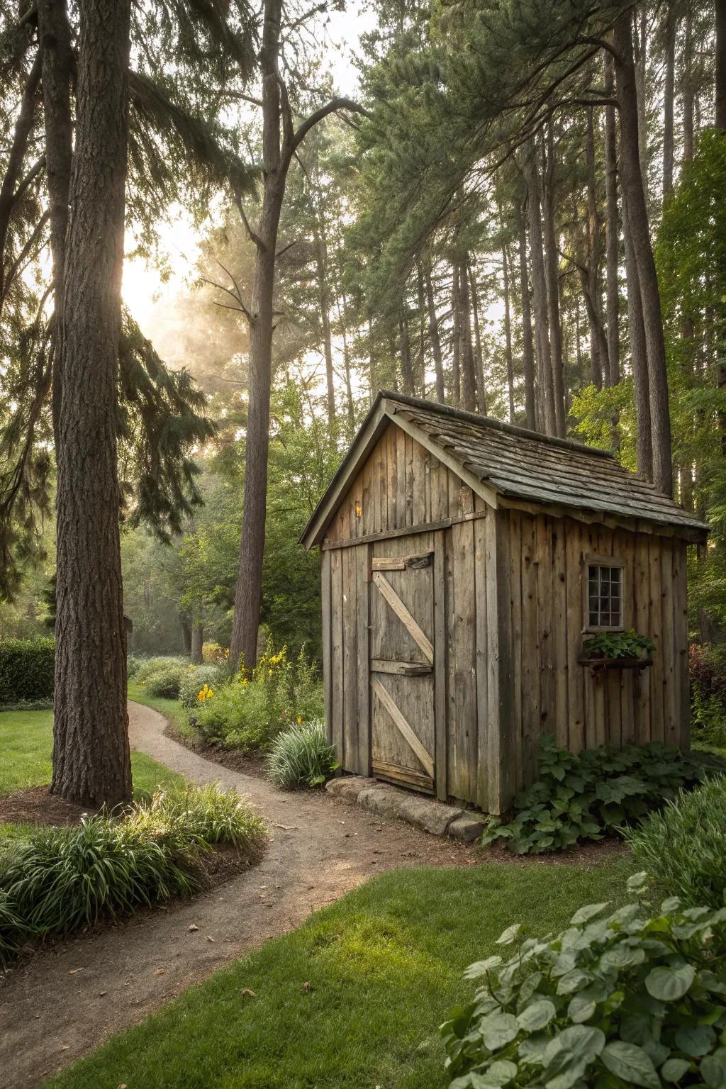 Rustic wood coatings impart a timeless allure to your garden shed.