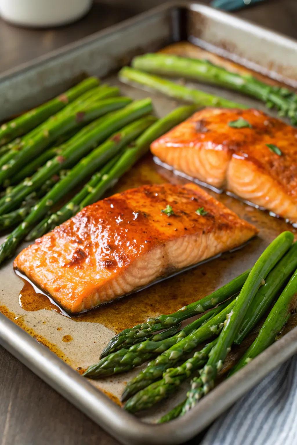Maple-glazed salmon and asparagus, a delicious dinner duo.