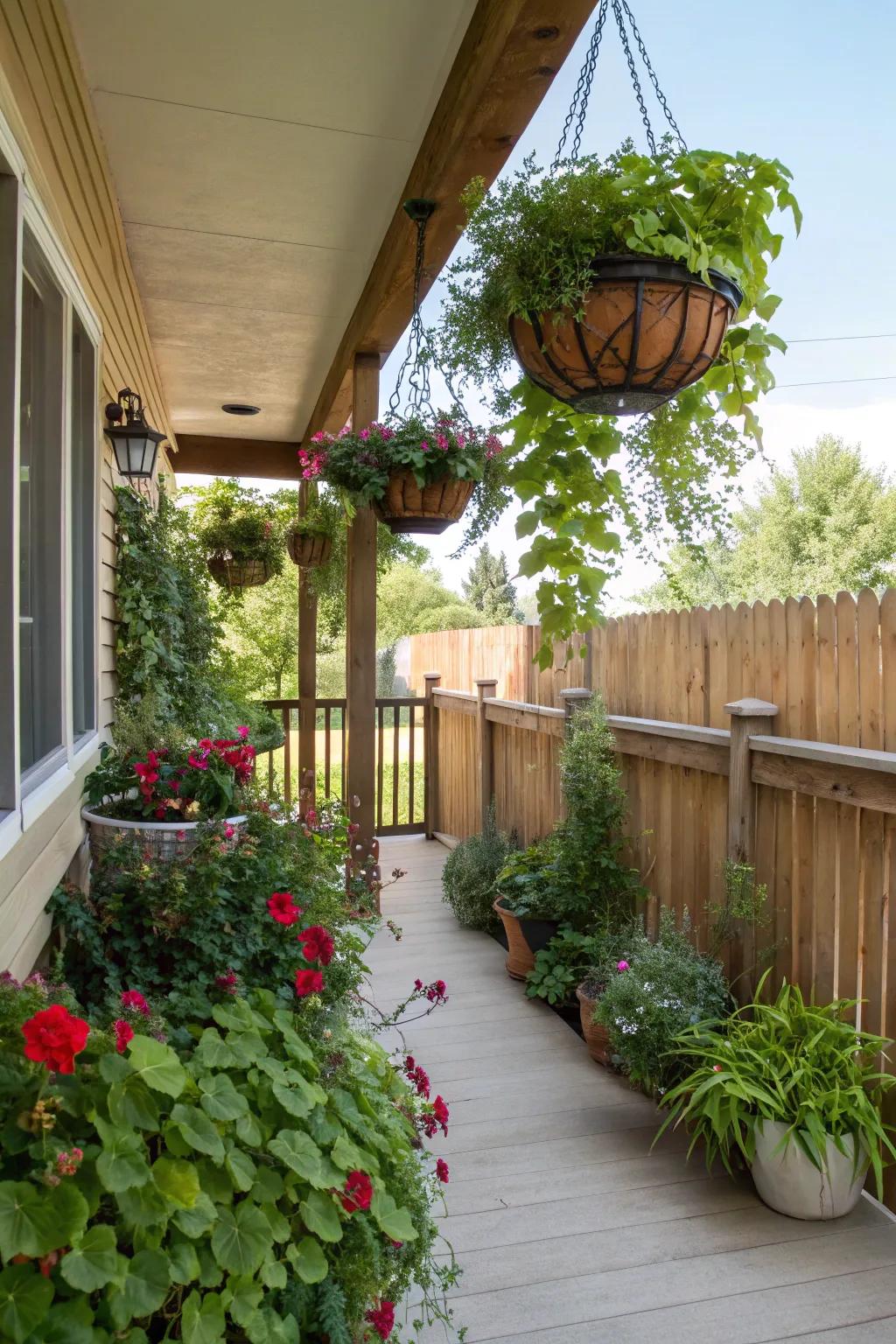 A lush side porch filled with vibrant plants and greenery.
