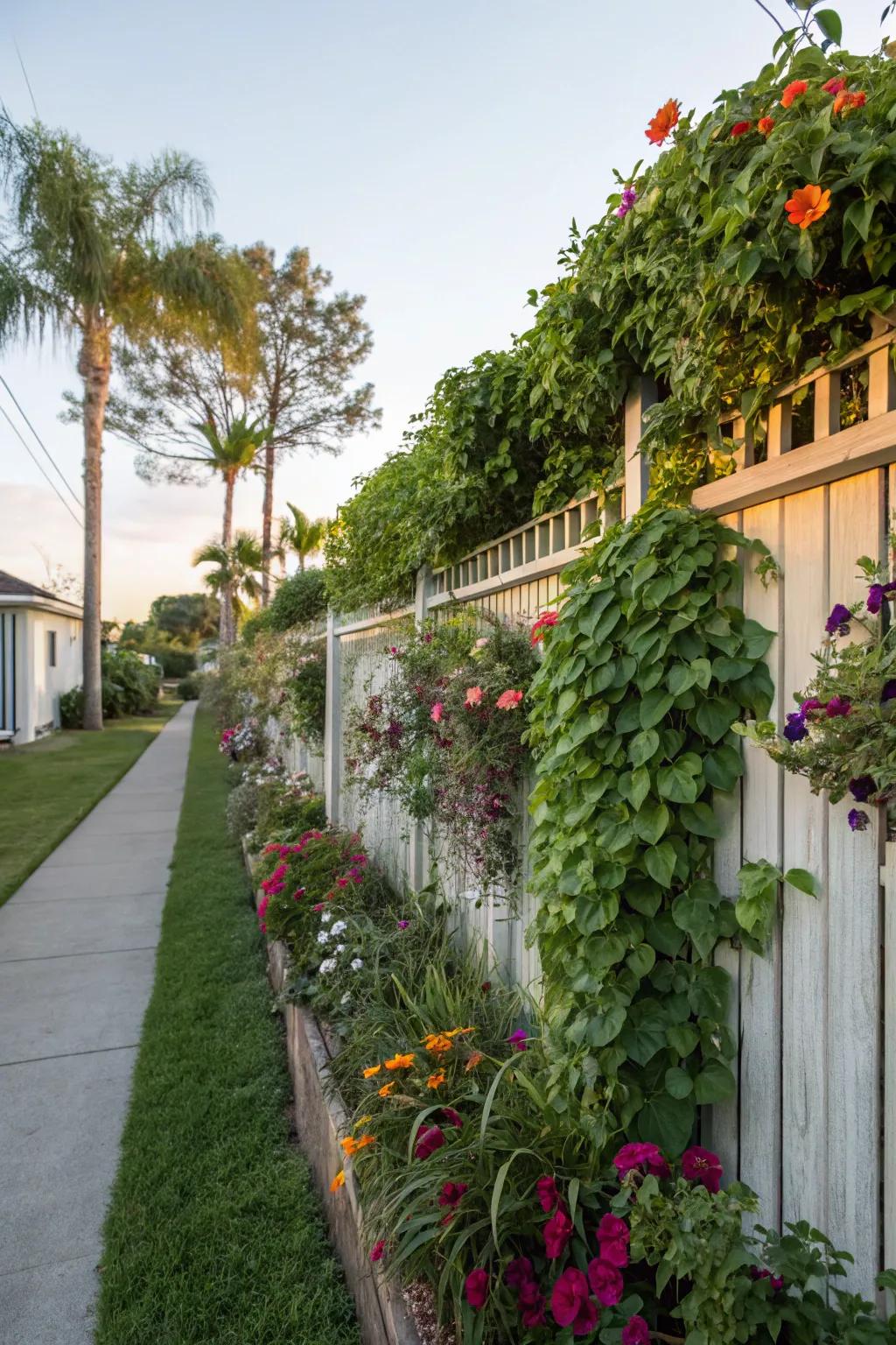 Vibrant side yard with a vertical garden fence.