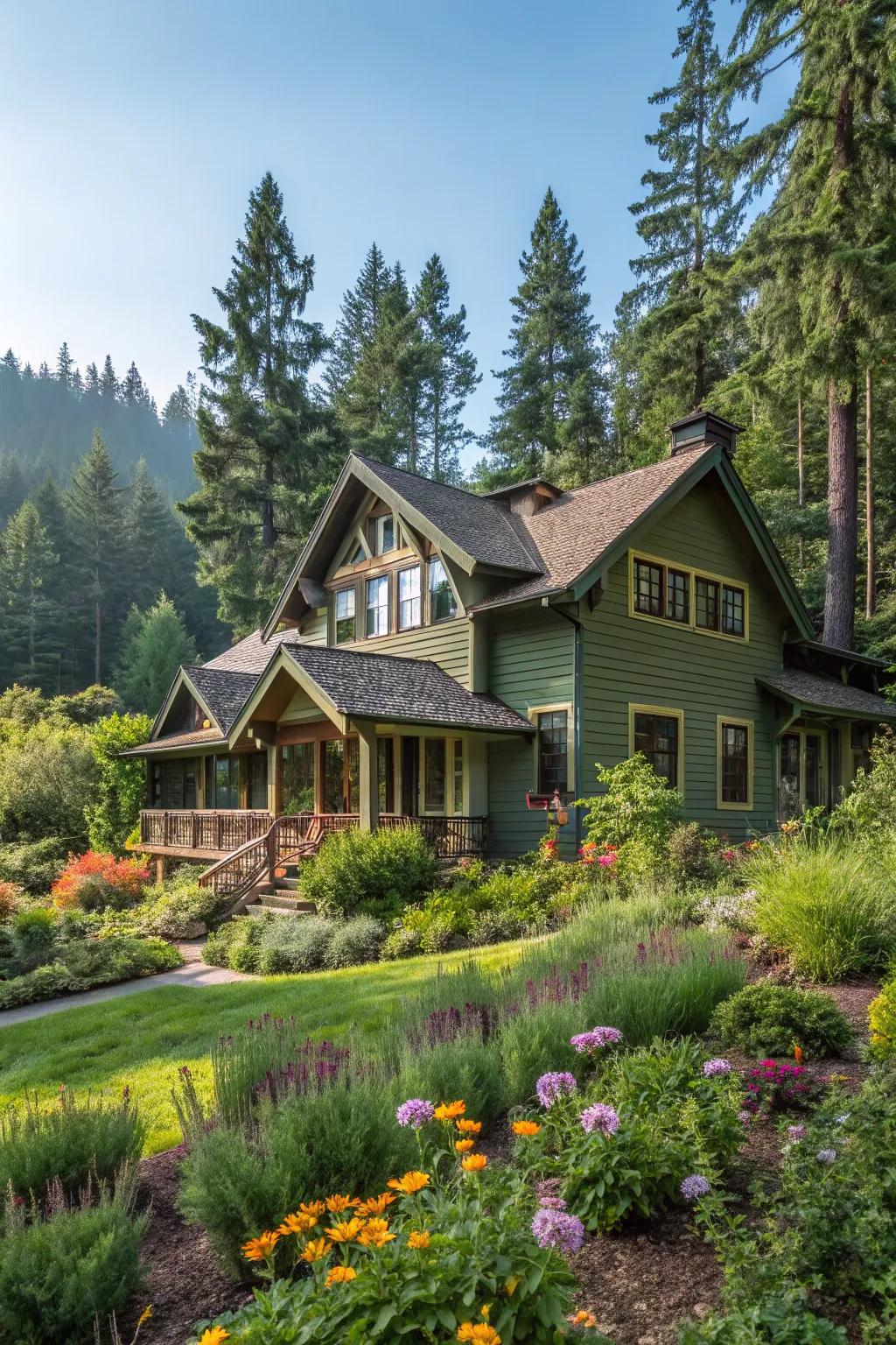 Blend your home with nature using earthy green siding.