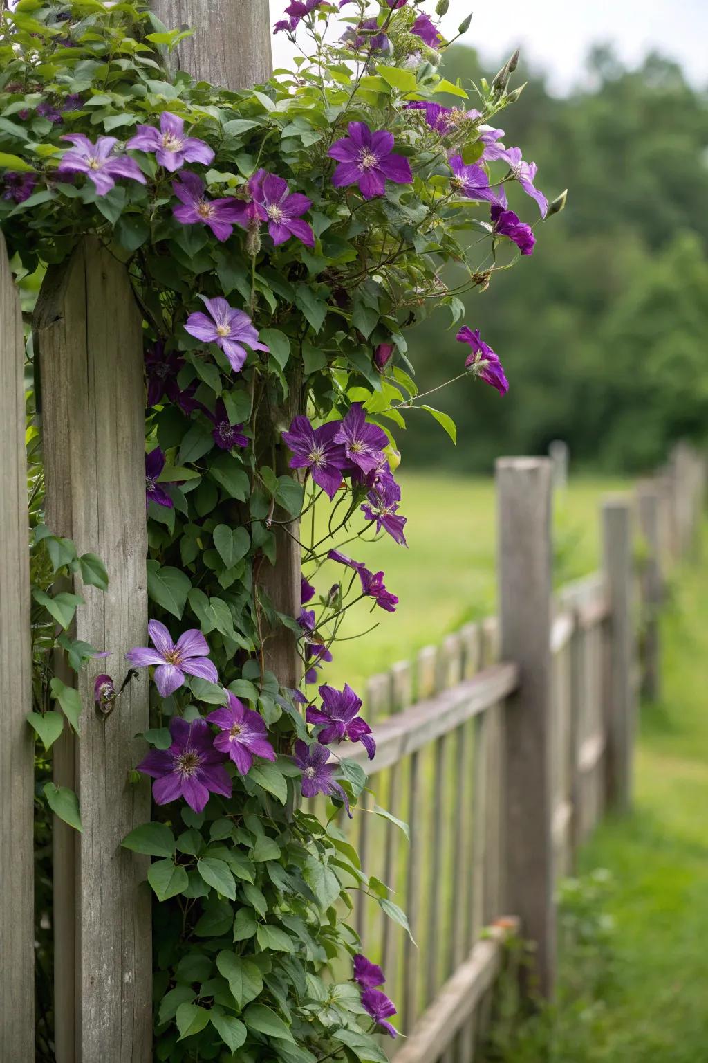 Clematis vines deliver skyward sophistication and color to fence lines.