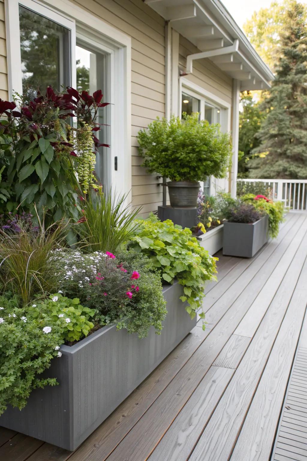 Planters filled with lush greenery enhance the welcoming atmosphere of the deck.