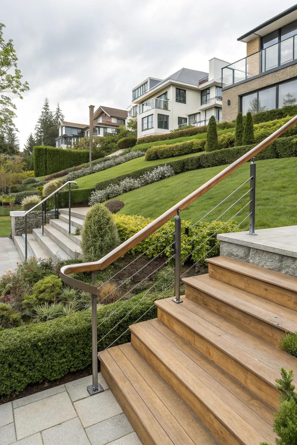 Wood and metal achieve a stylish contrast in this handrail design.