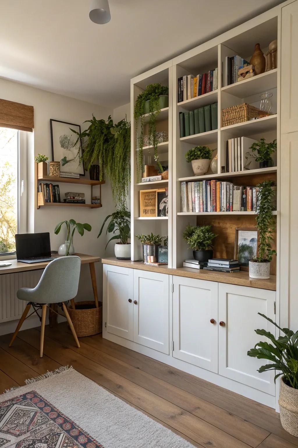 Organized shelves contribute to a neat and personalized workspace.
