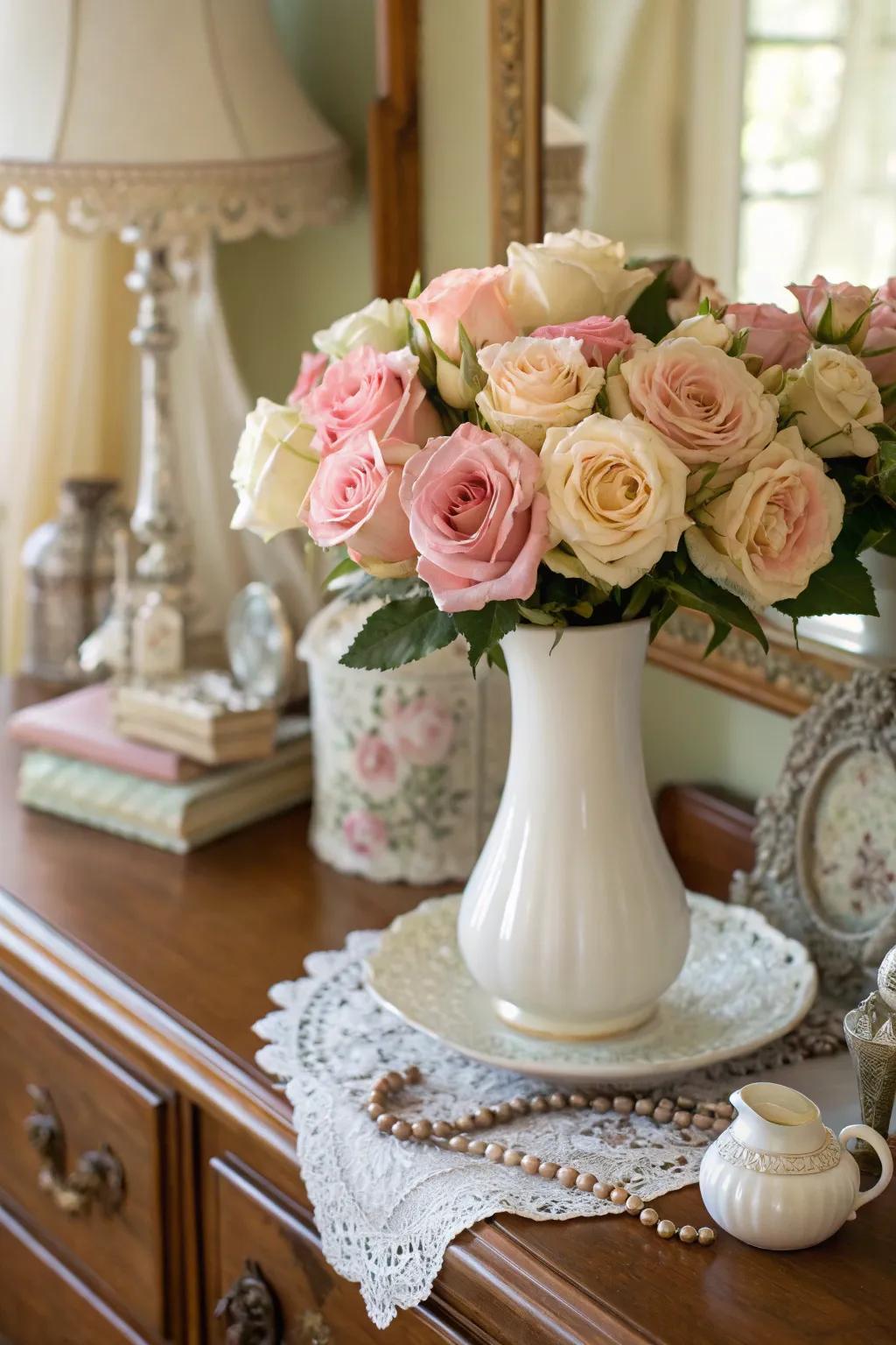 A soft-toned rose arrangement adds a gentle touch to any space.