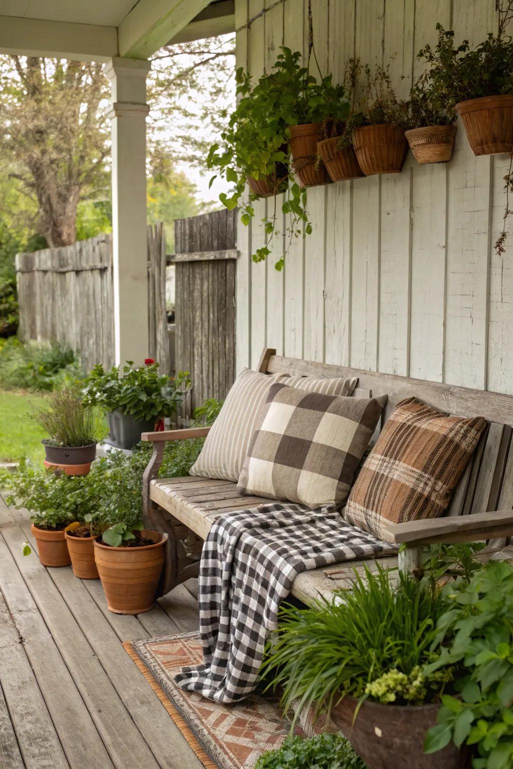 Snuggle up on your porch with inviting textiles.