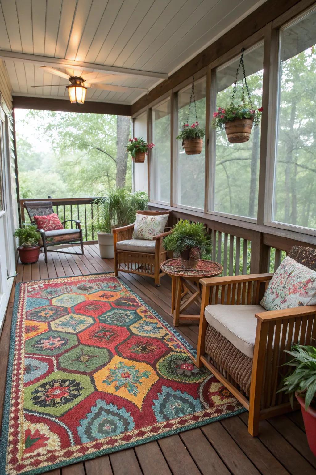 A vibrant rug adding warmth to the patio